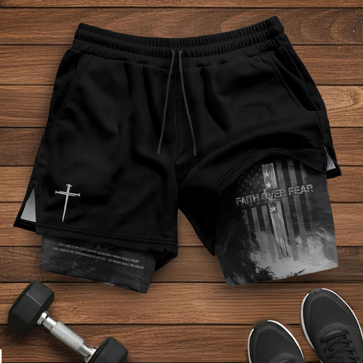 Faith Over Fear Christian Gym Shorts for Men Psalm 27:1 American Flag Cross - Rust Field Wear