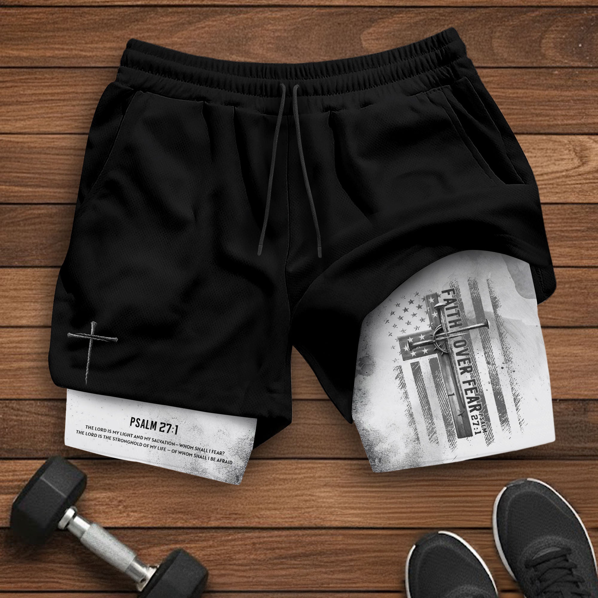 Faith Over Fear Christian Gym Shorts for Men Psalm 27 1 White Flag Cross