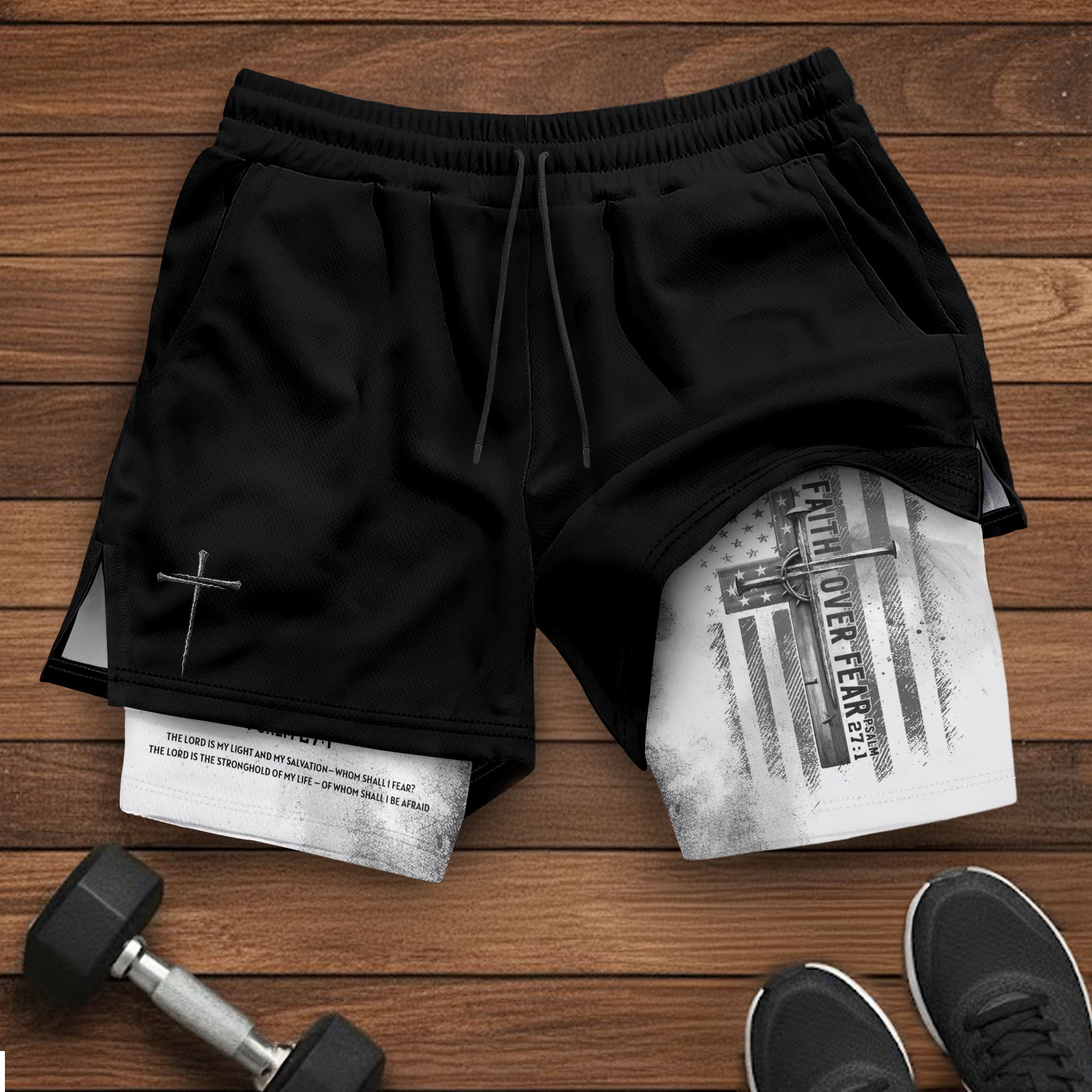 Faith Over Fear Christian Gym Shorts for Men Psalm 27:1 White Flag Cross - Rust Field Wear