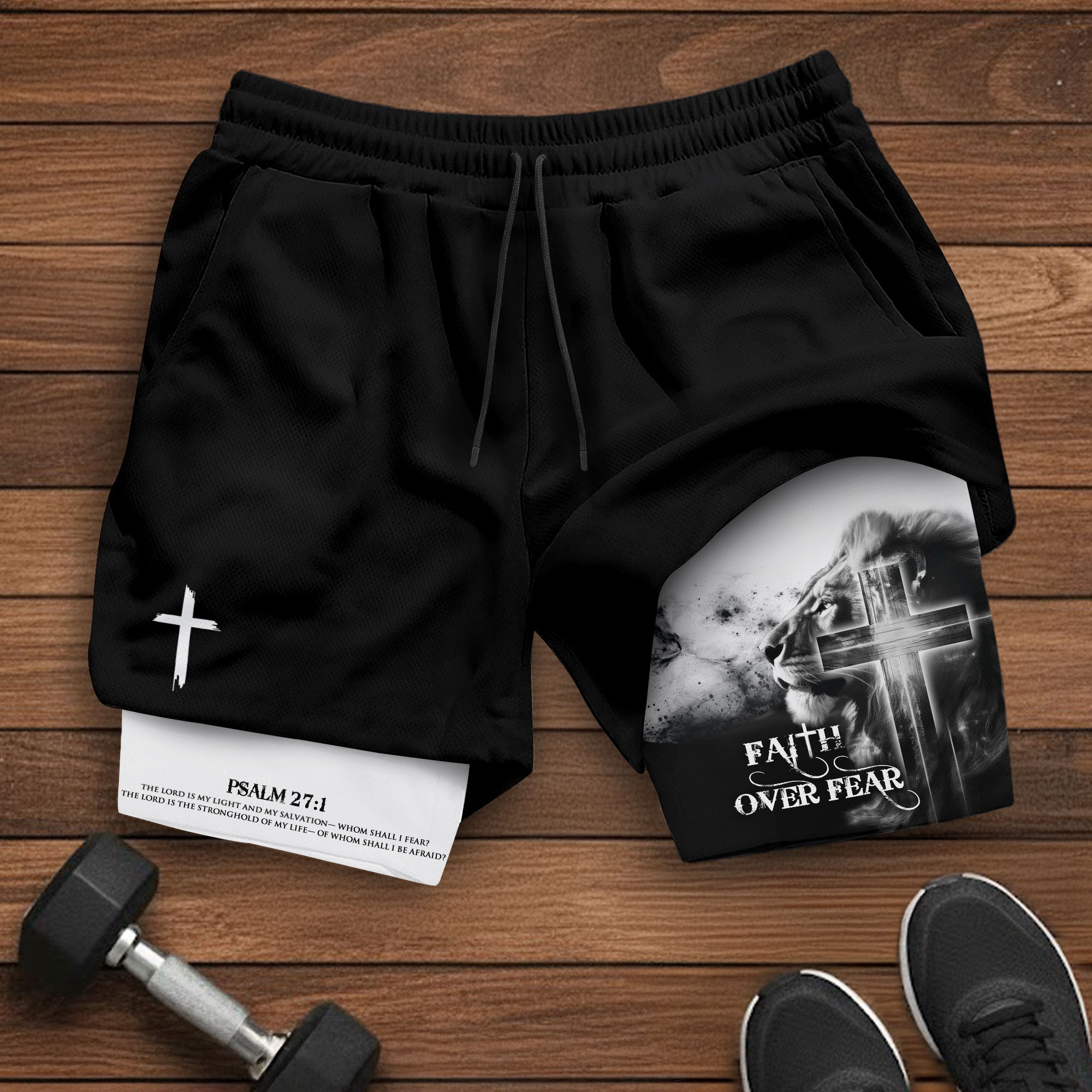 Faith Over Fear Christian Gym Shorts for Men – Psalm 27:1 Lion Cross