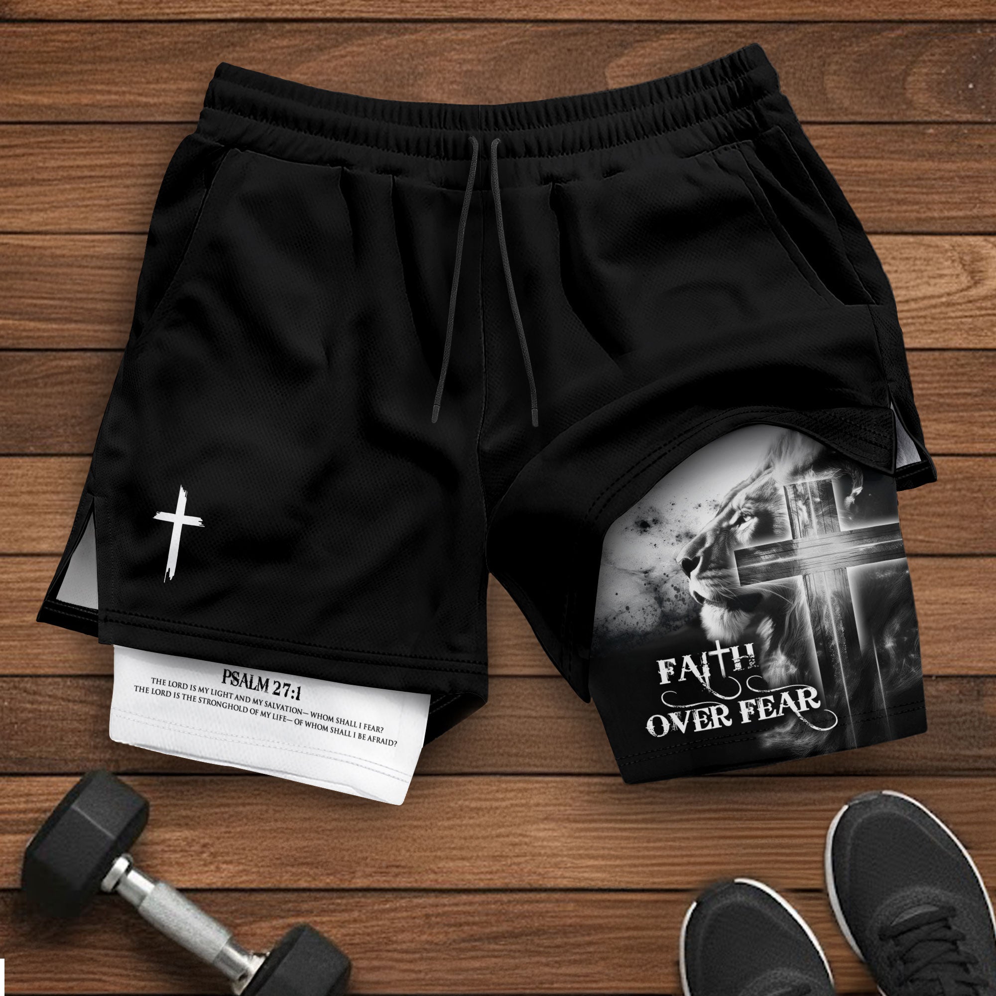 Faith Over Fear Christian Gym Shorts for Men – Psalm 27:1 Lion Cross - Rust Field Wear