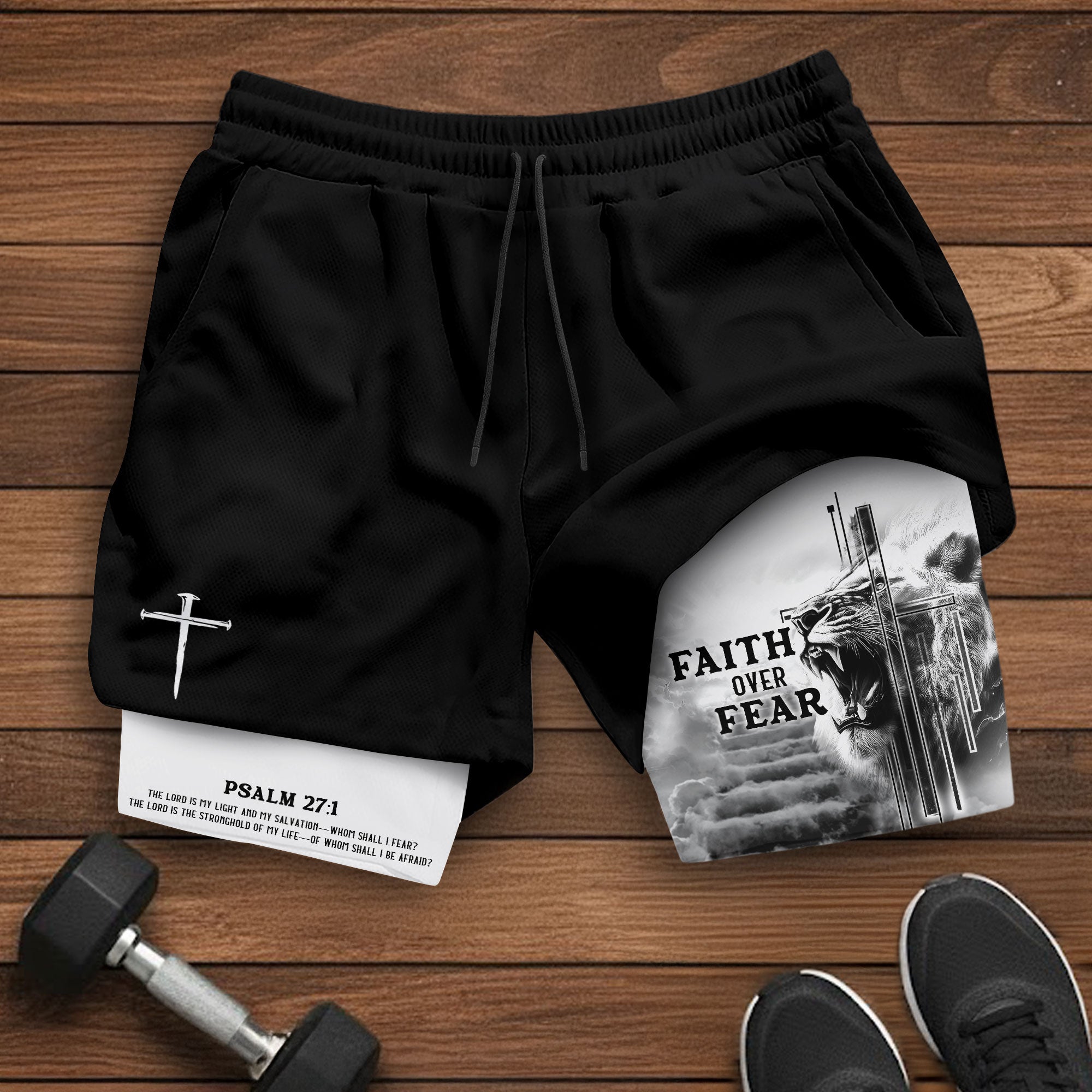 Faith Over Fear Christian Gym Shorts Psalm 27 1 Lion Cross