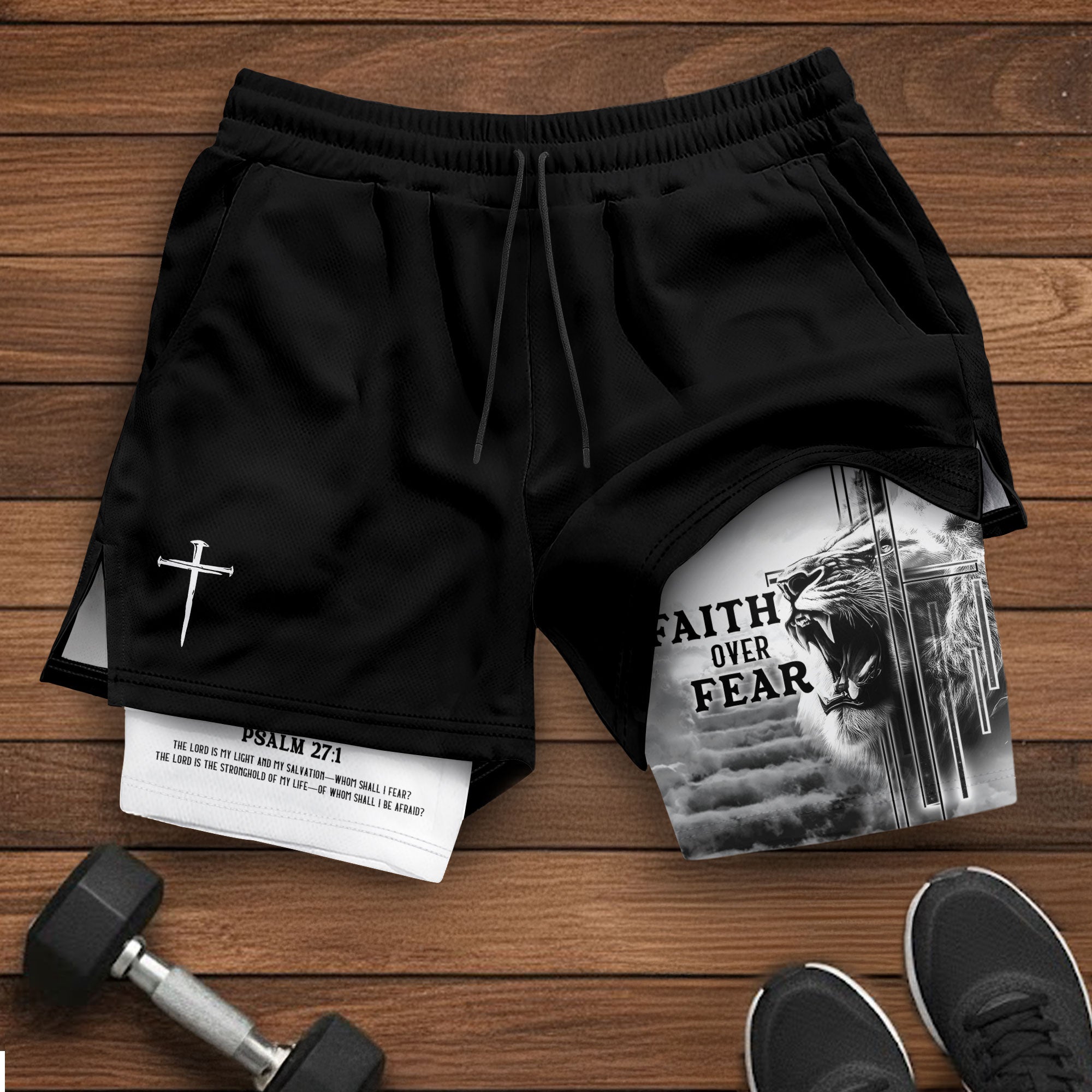 Faith Over Fear Christian Gym Shorts Psalm 27:1 Lion Cross - Rust Field Wear