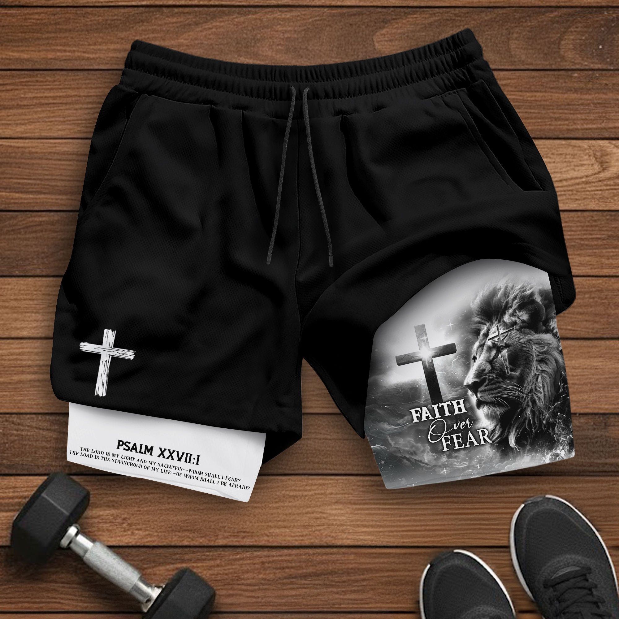 Faith Over Fear Psalm 27 1 Lion Cross Christian Gym Shorts