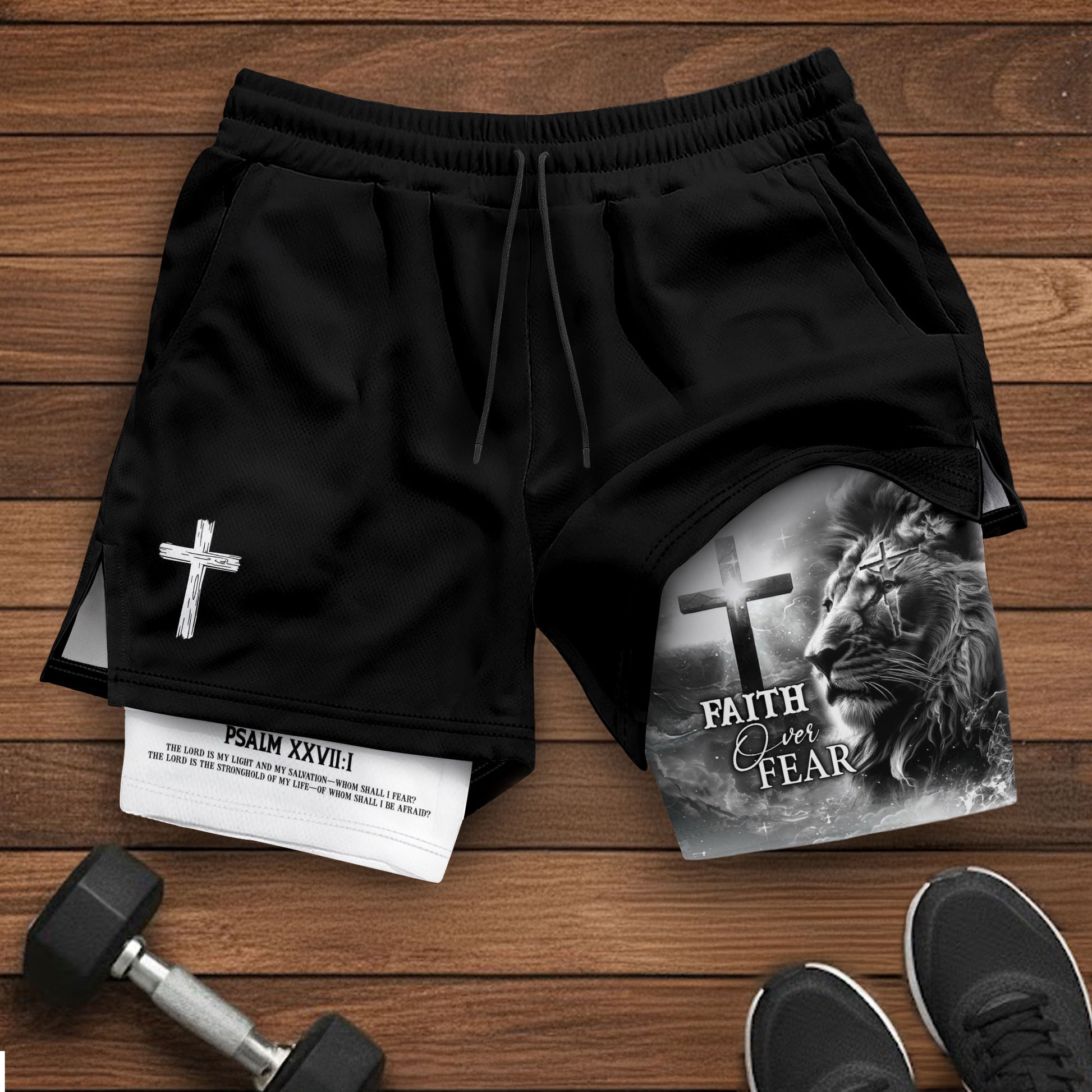 Faith Over Fear Psalm 27:1 Lion Cross Christian Gym Shorts - Rust Field Wear
