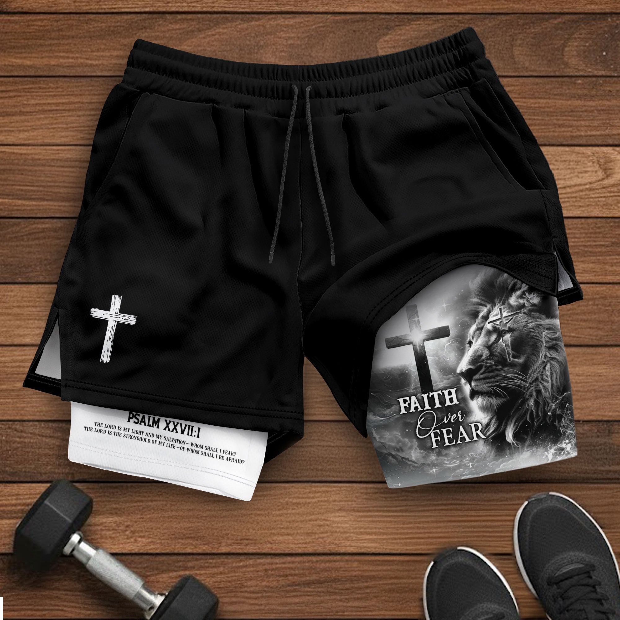 Faith Over Fear Psalm 27:1 Lion Cross Christian Gym Shorts - Rust Field Wear