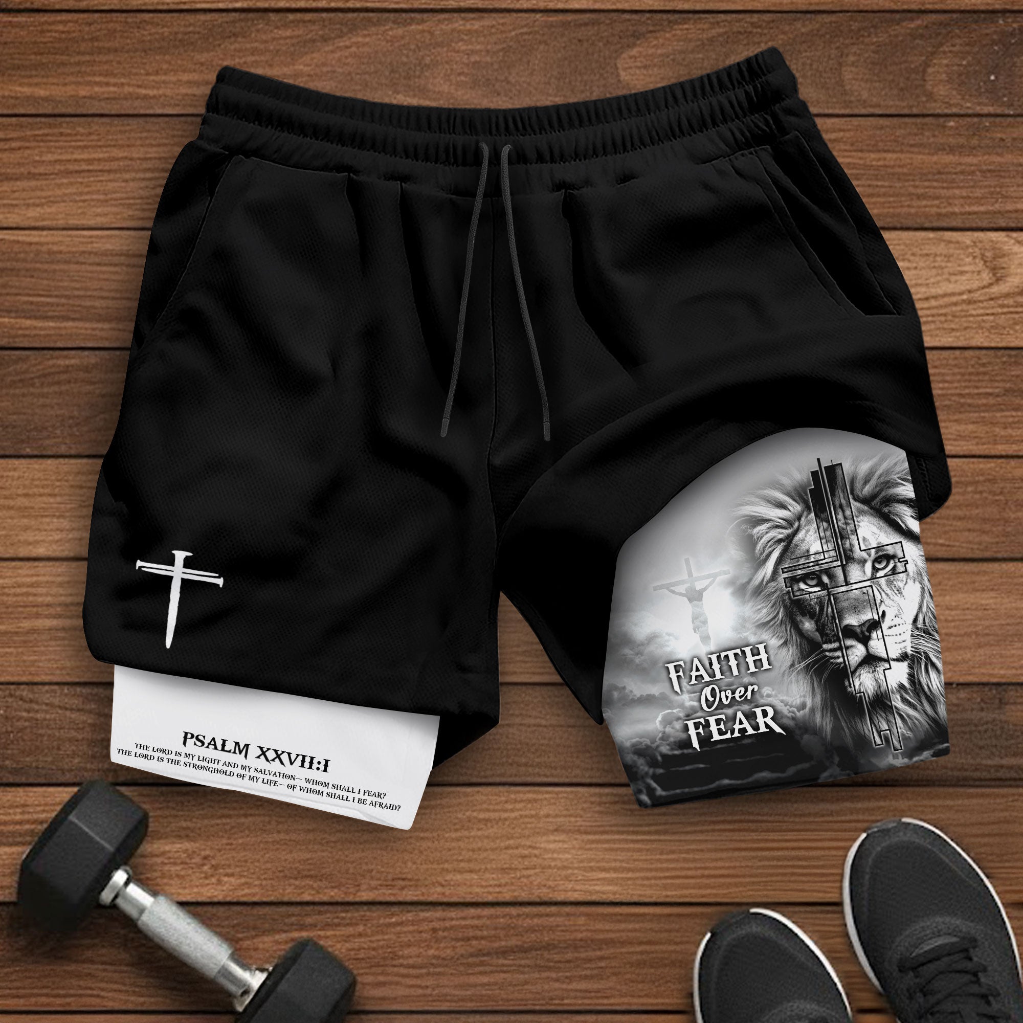 Faith Over Fear Psalm 27 1 Lion Cross Design Christian Gym Shorts