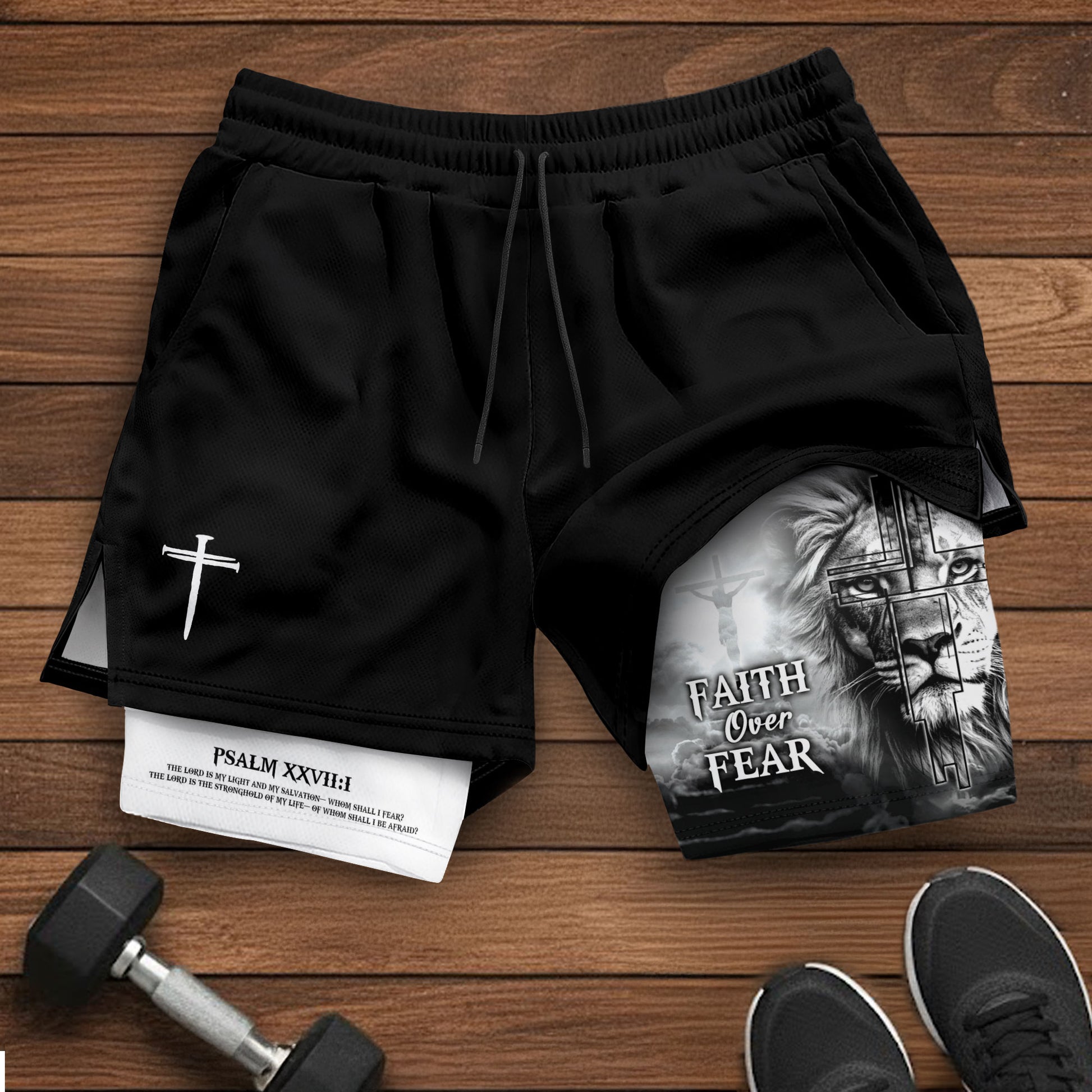 Faith Over Fear Psalm 27:1 Lion Cross Design Christian Gym Shorts - Rust Field Wear