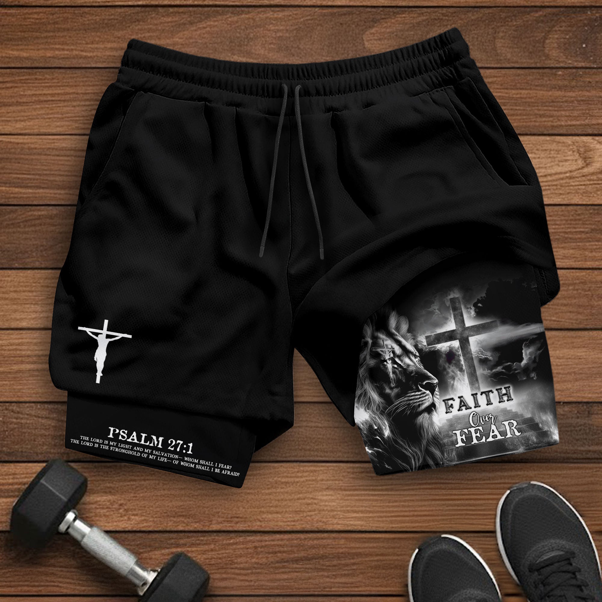 Faith Over Fear Psalm 27 1 Jesus Cross Lion Christian Gym Shorts