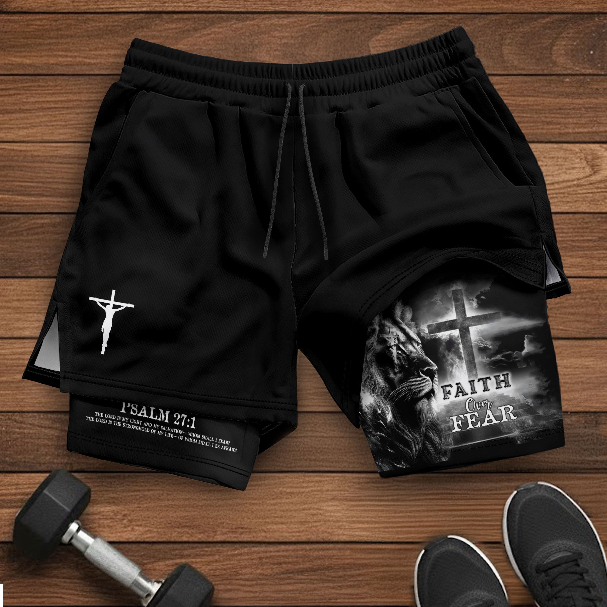 Faith Over Fear Psalm 27:1 Jesus Cross Lion Christian Gym Shorts - Rust Field Wear