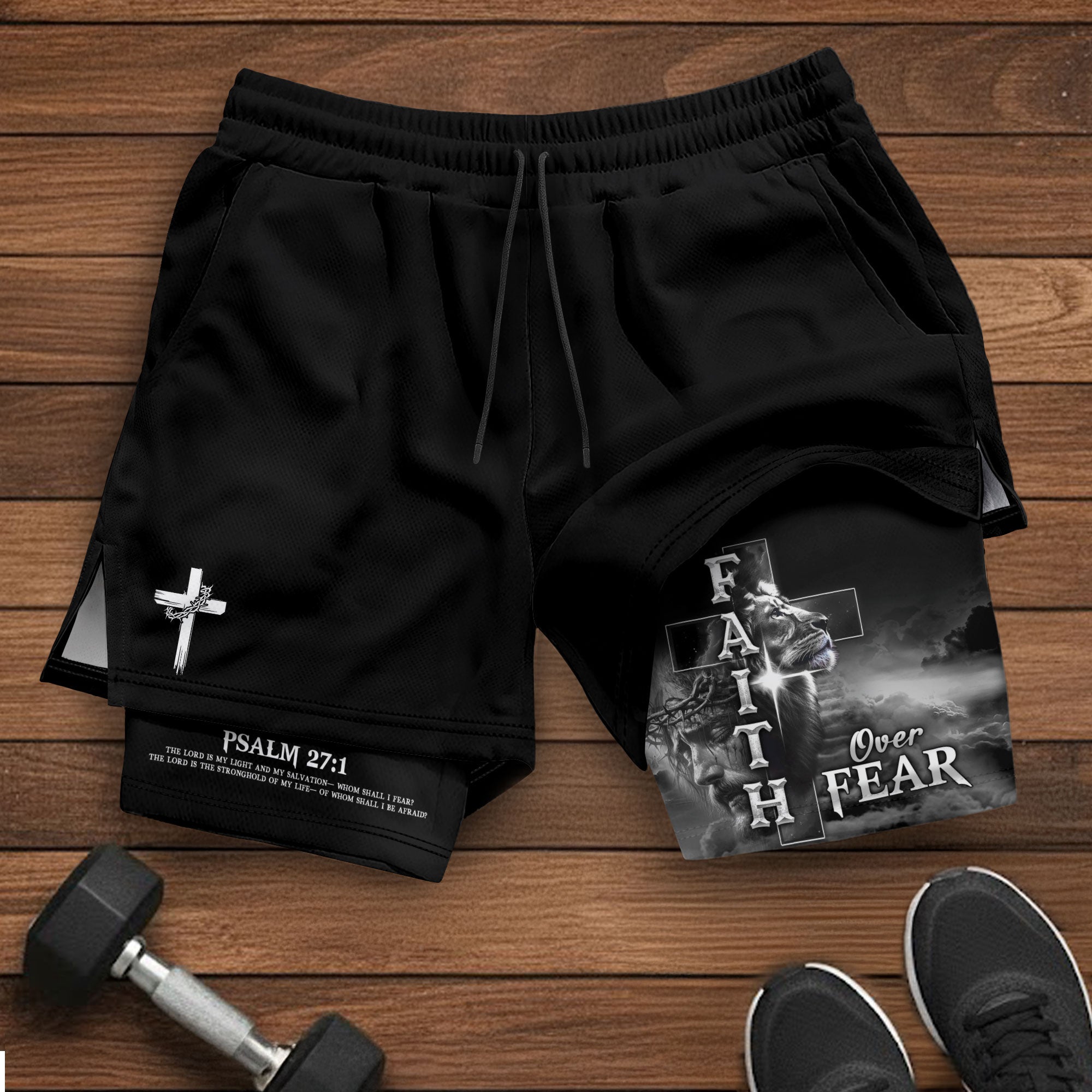 Faith Over Fear Psalm 27:1 Lion Cross Christian Gym Shorts for Men - Rust Field Wear