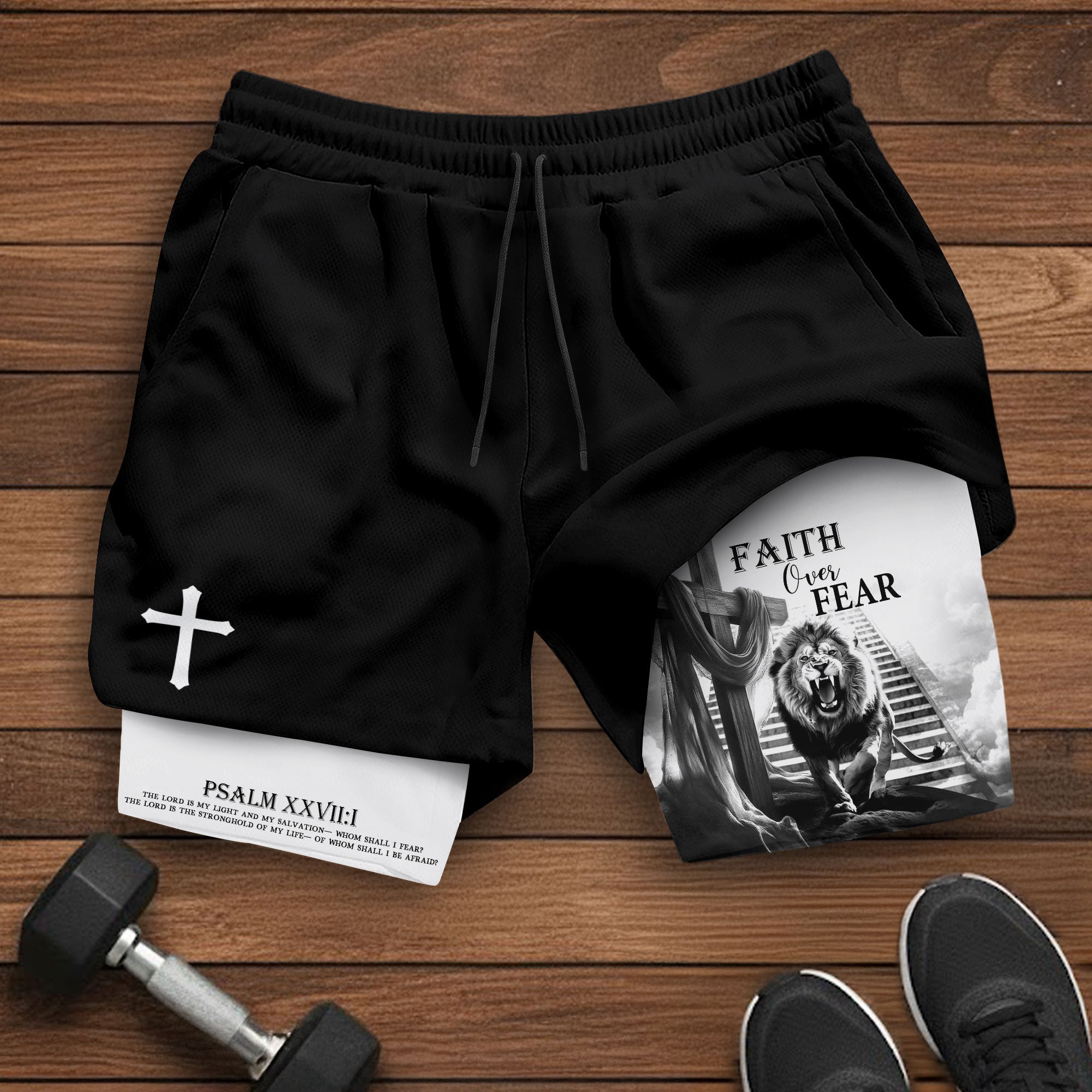 Faith Over Fear Christian Gym Shorts for Men Jesus Cross Bible Verse