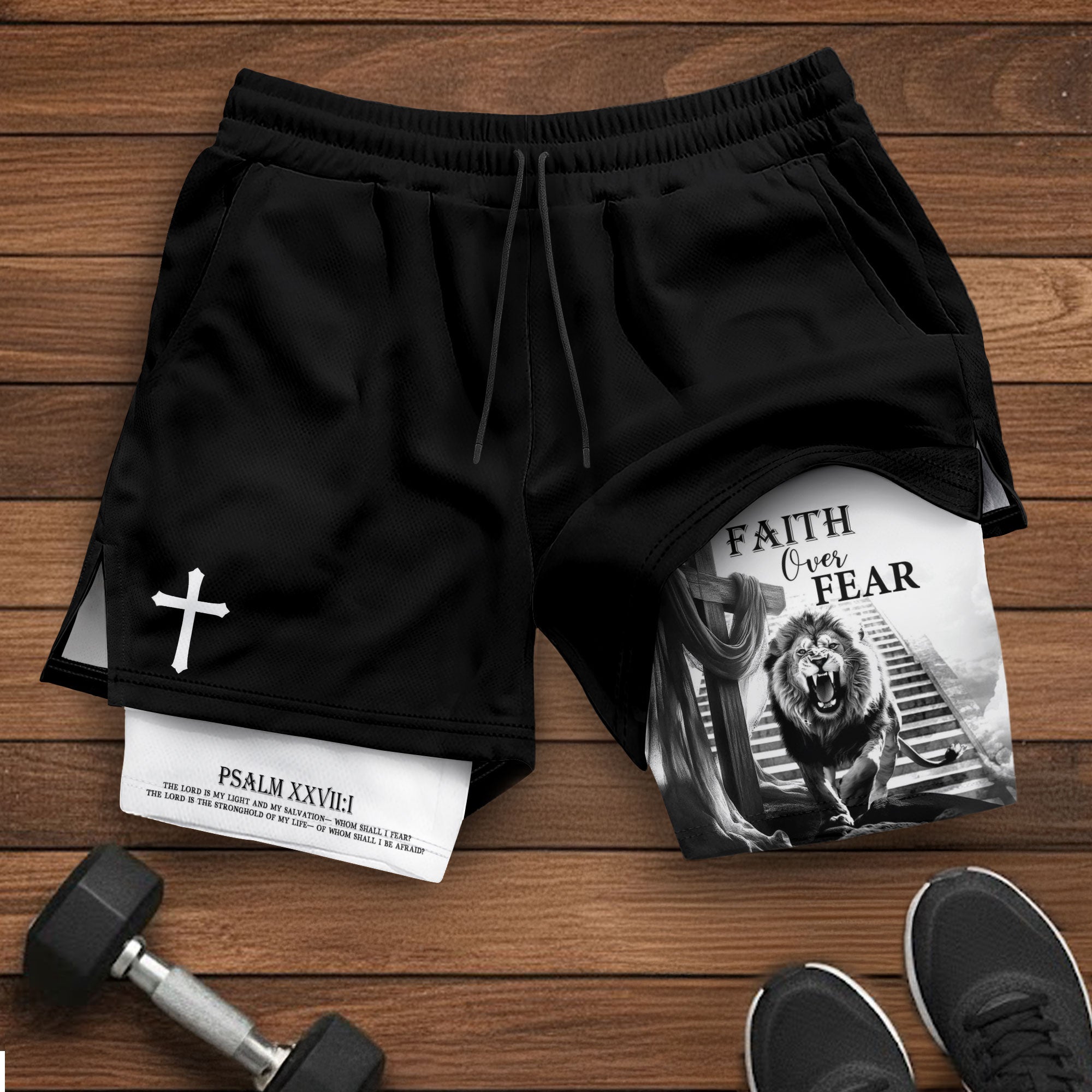 Faith Over Fear Christian Gym Shorts for Men Jesus Cross Bible Verse - Rust Field Wear
