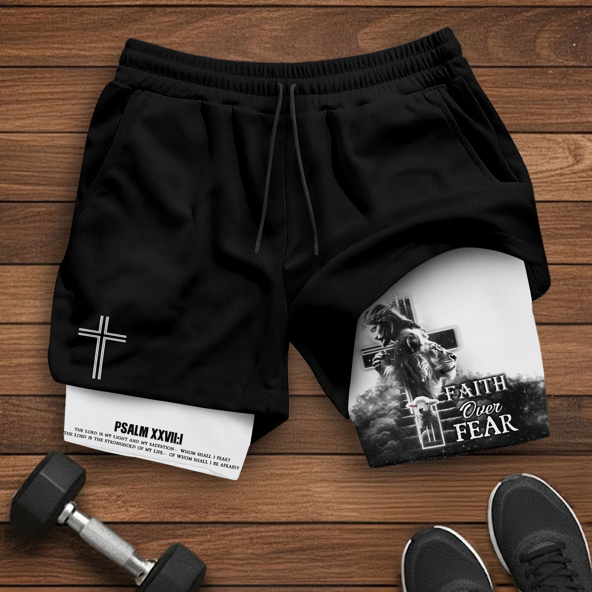 Psalm 27 1 Faith Over Fear Christian Gym Shorts for Men Lion Cross Design