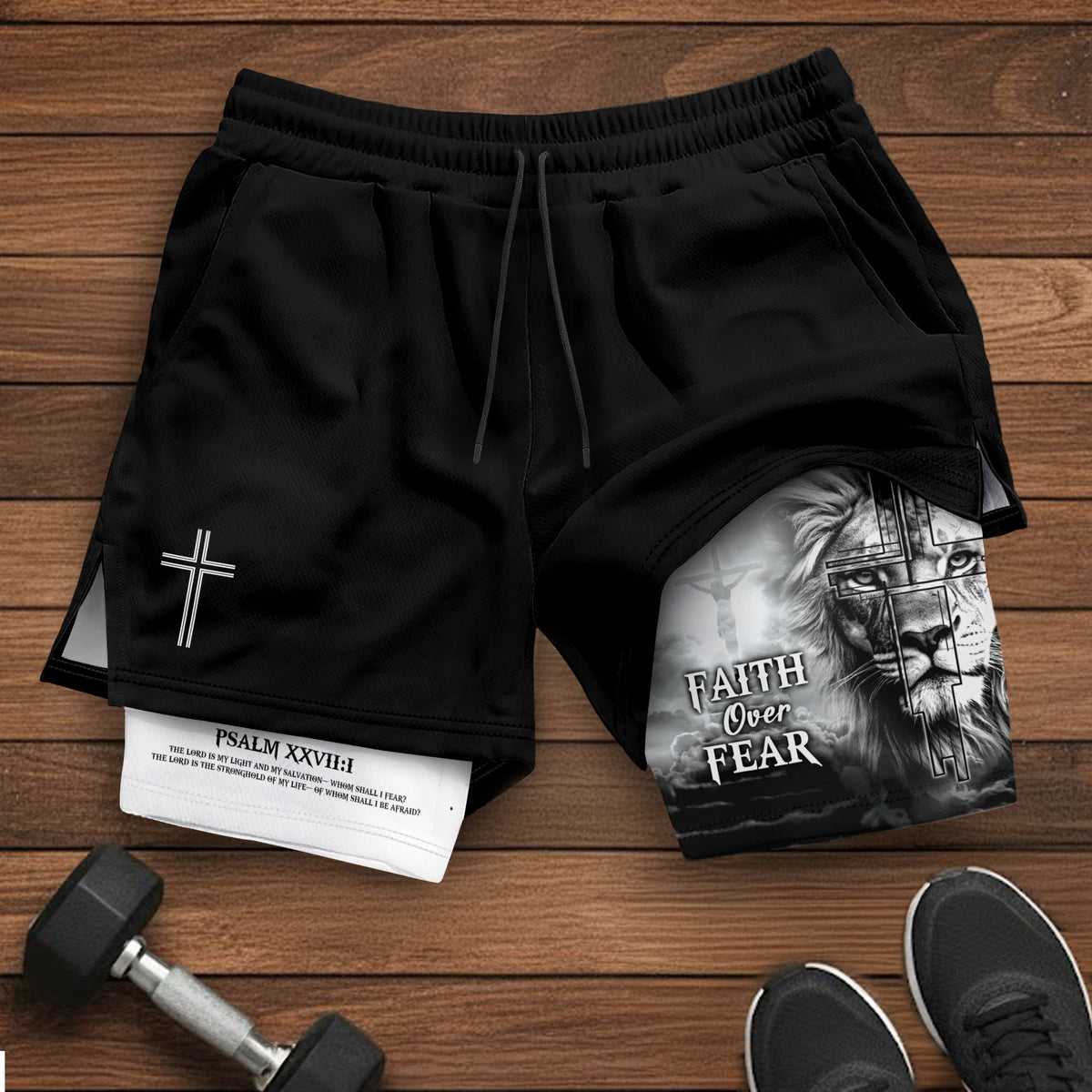 Psalm 27:1 Faith Over Fear Christian Gym Shorts for Men Lion Cross Design - Rust Field Wear