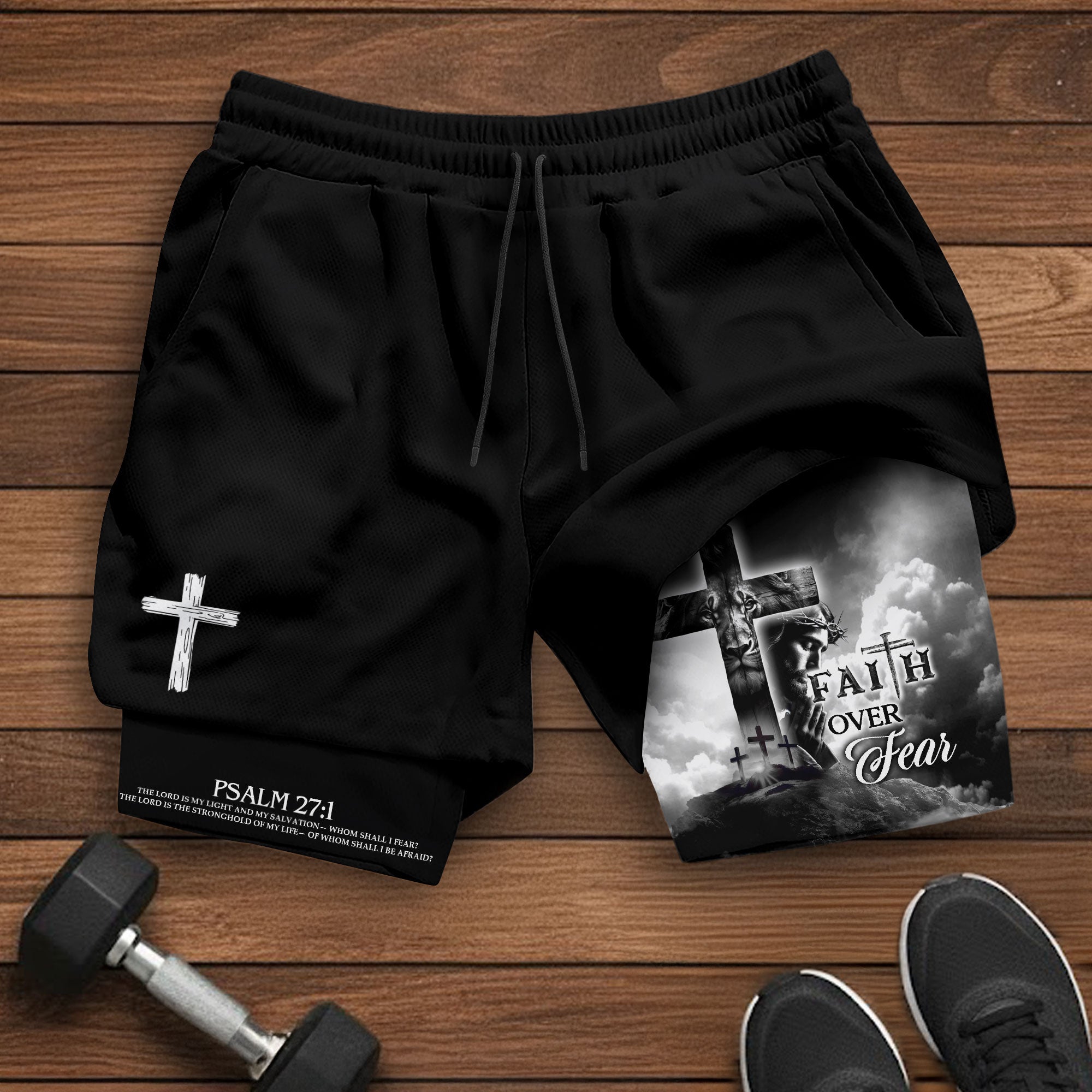 Faith Over Fear Christian Gym Shorts for Men Psalm 27 1 Cross of Jesus