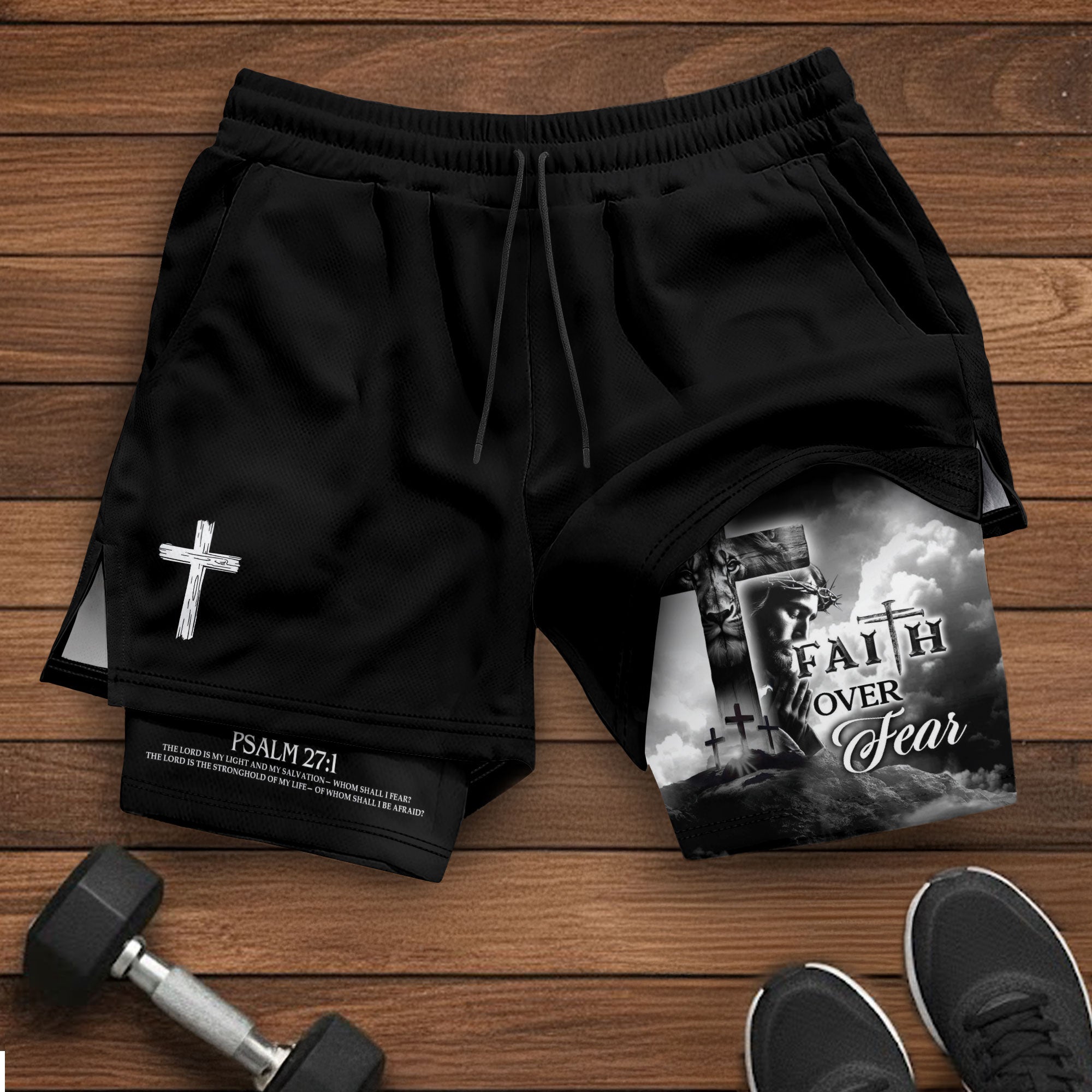 Faith Over Fear Christian Gym Shorts for Men Psalm 27:1 Cross of Jesus - Rust Field Wear
