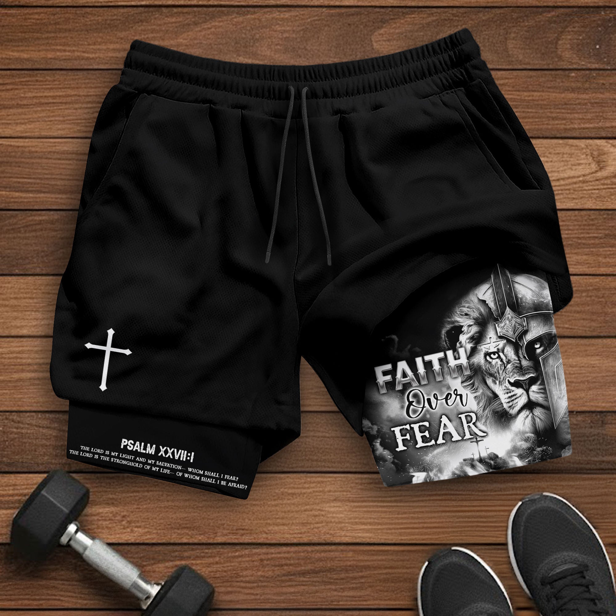 Psalm 27 1 Faith Over Fear Christian Gym Shorts for Men Warrior Cross Design