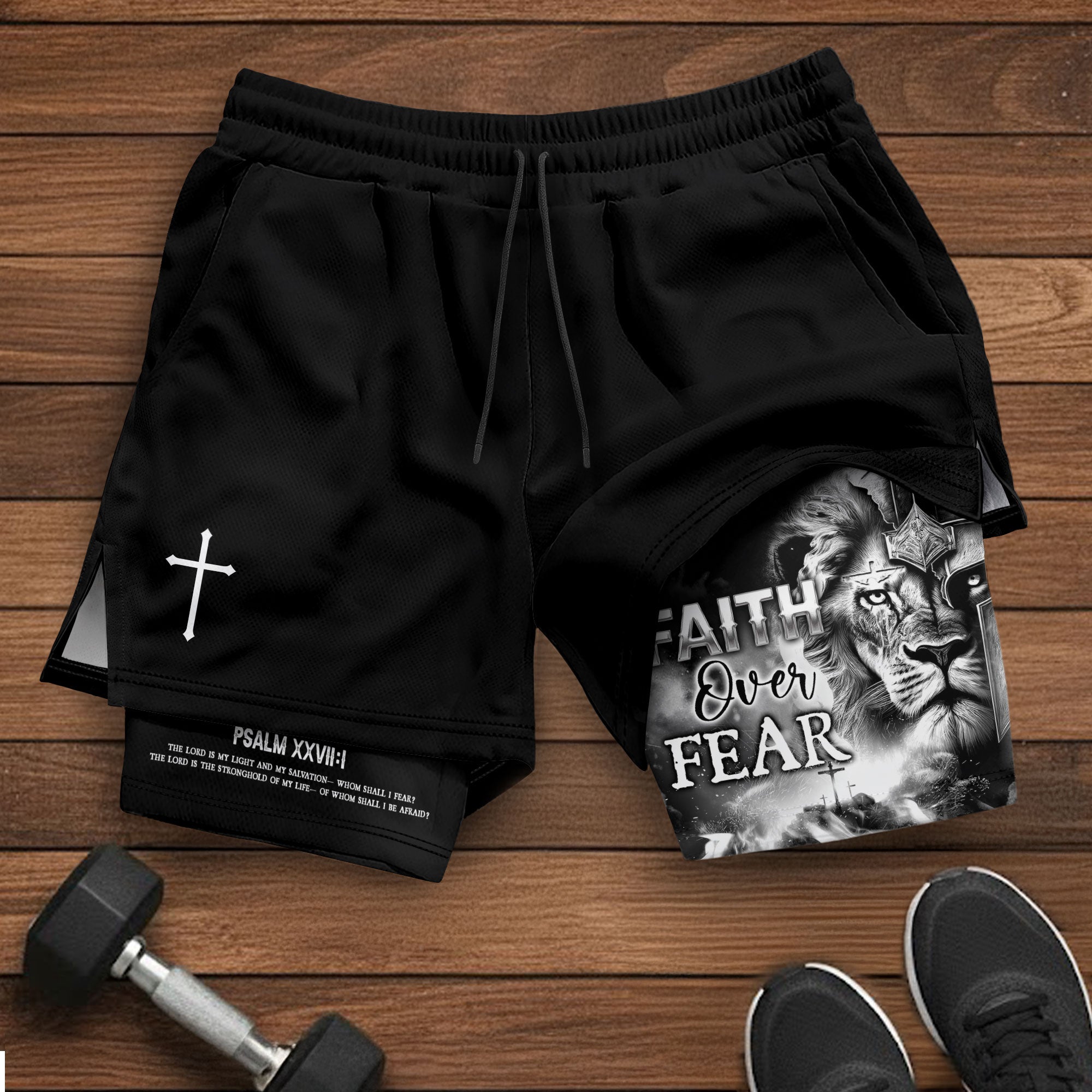 Psalm 27:1 Faith Over Fear Christian Gym Shorts for Men Warrior Cross Design - Rust Field Wear