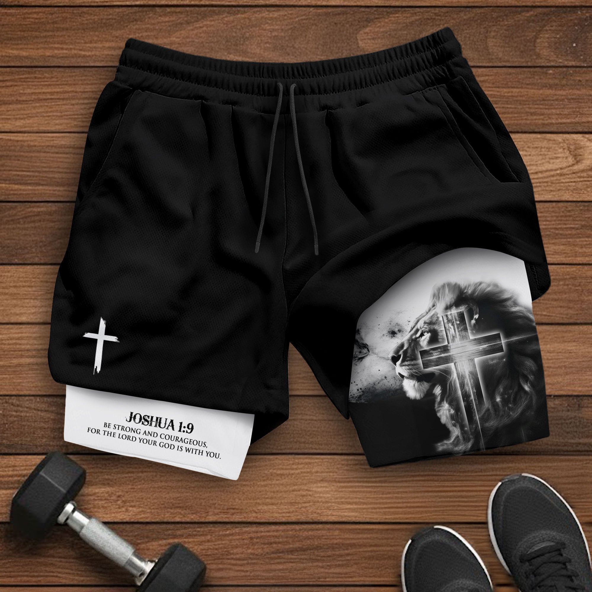 Joshua 1 9 Christian Gym Shorts for Men Lion Cross Bible Verse