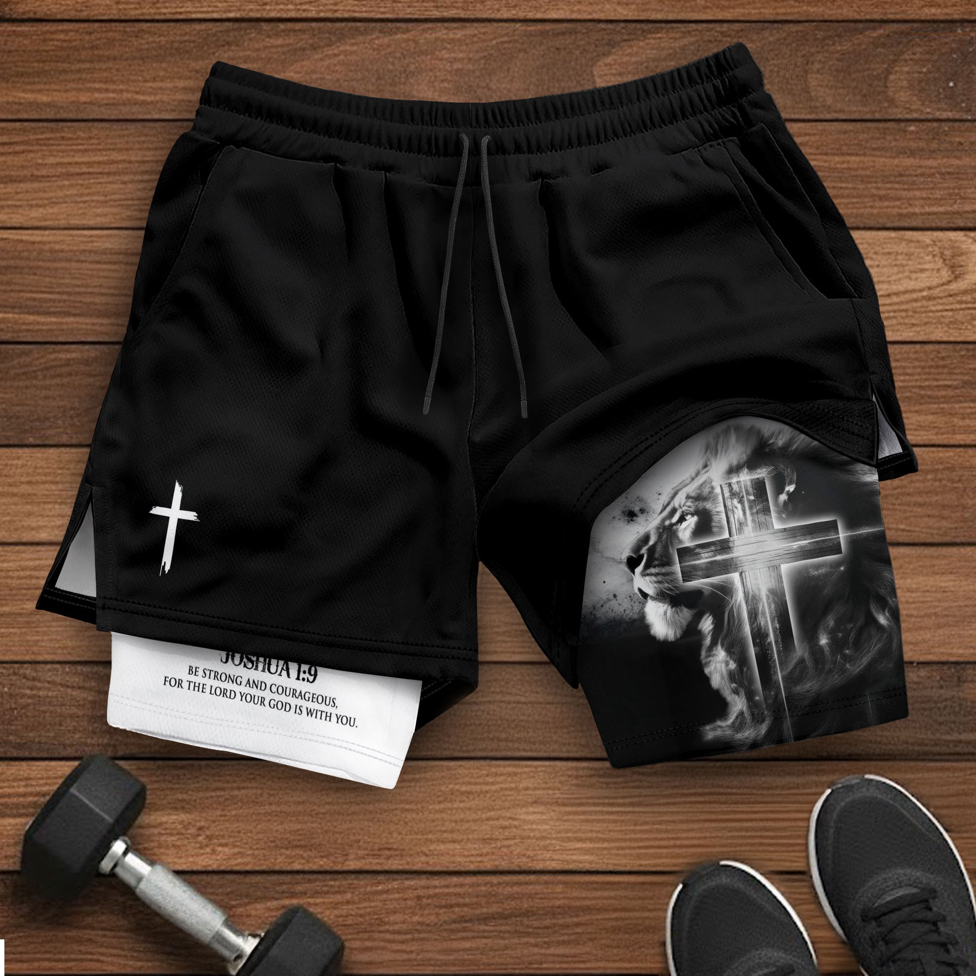 Joshua 1:9 Christian Gym Shorts for Men Lion Cross Bible Verse - Rust Field Wear