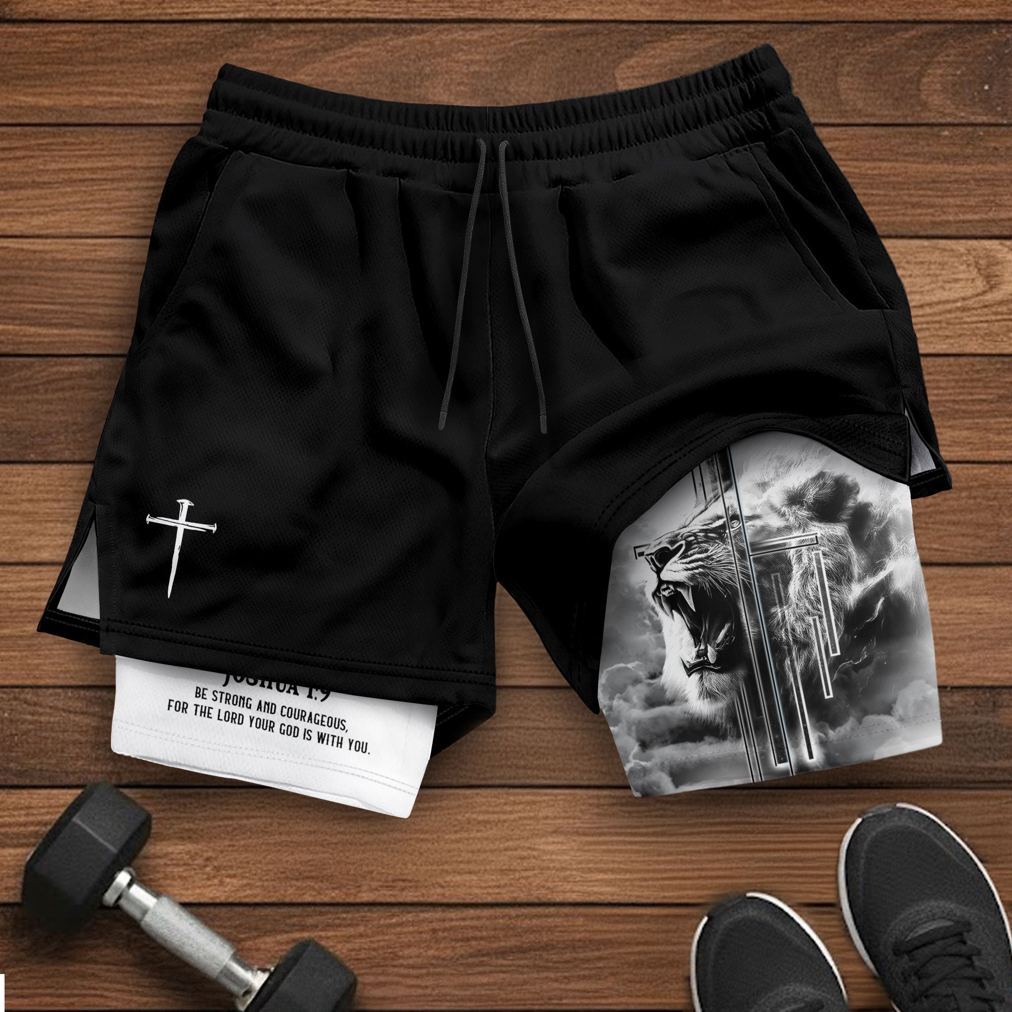 Joshua 1:9 Christian Gym Shorts for Men Lion Cross Faith Design - Rust Field Wear
