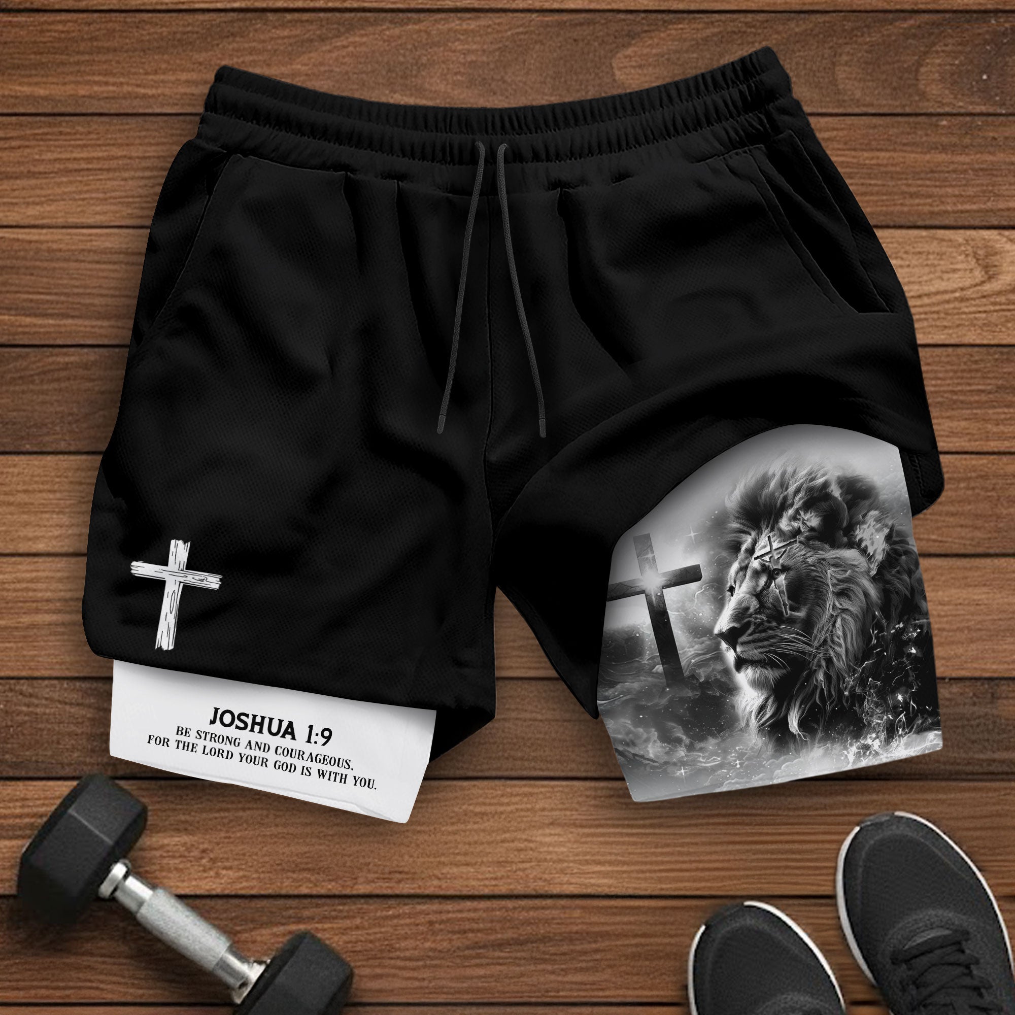 Joshua 1 9 Christian Gym Shorts for Men Cross Courage Design