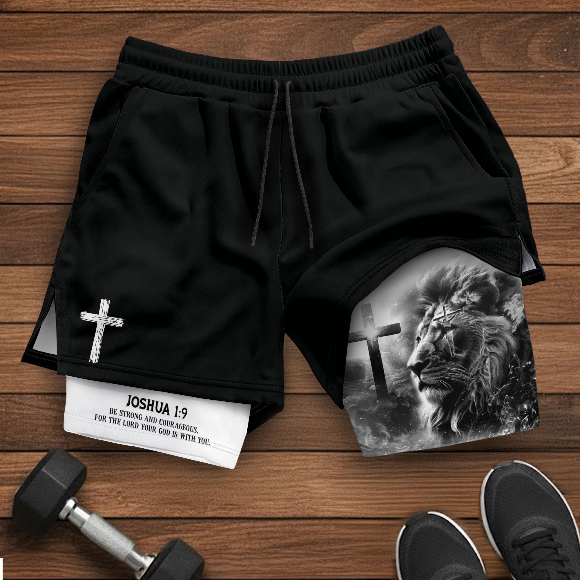 Joshua 1:9 Christian Gym Shorts for Men Cross Courage Design - Rust Field Wear