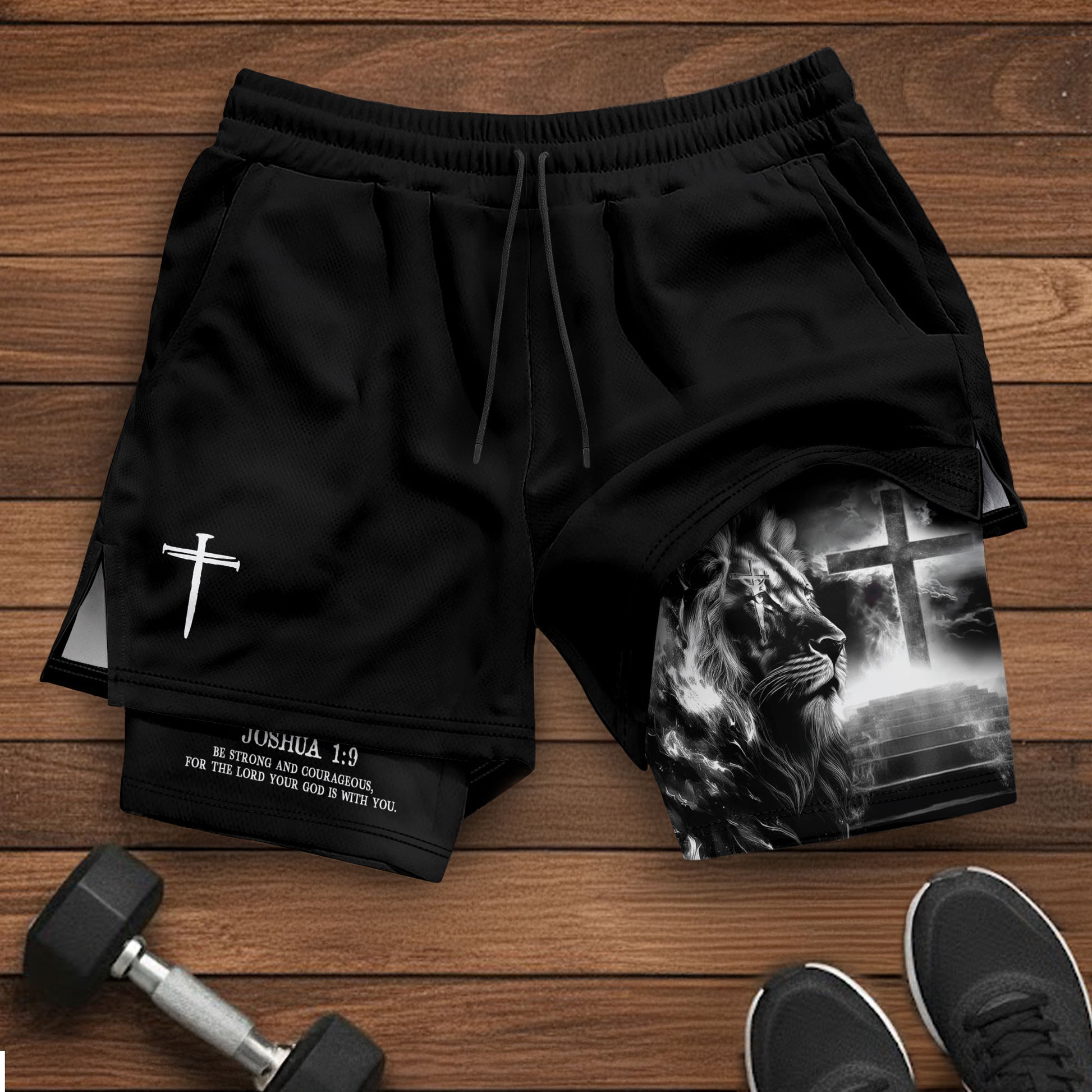 Joshua 1:9 Christian Gym Shorts for Men Lion Cross Faith Strength - Rust Field Wear