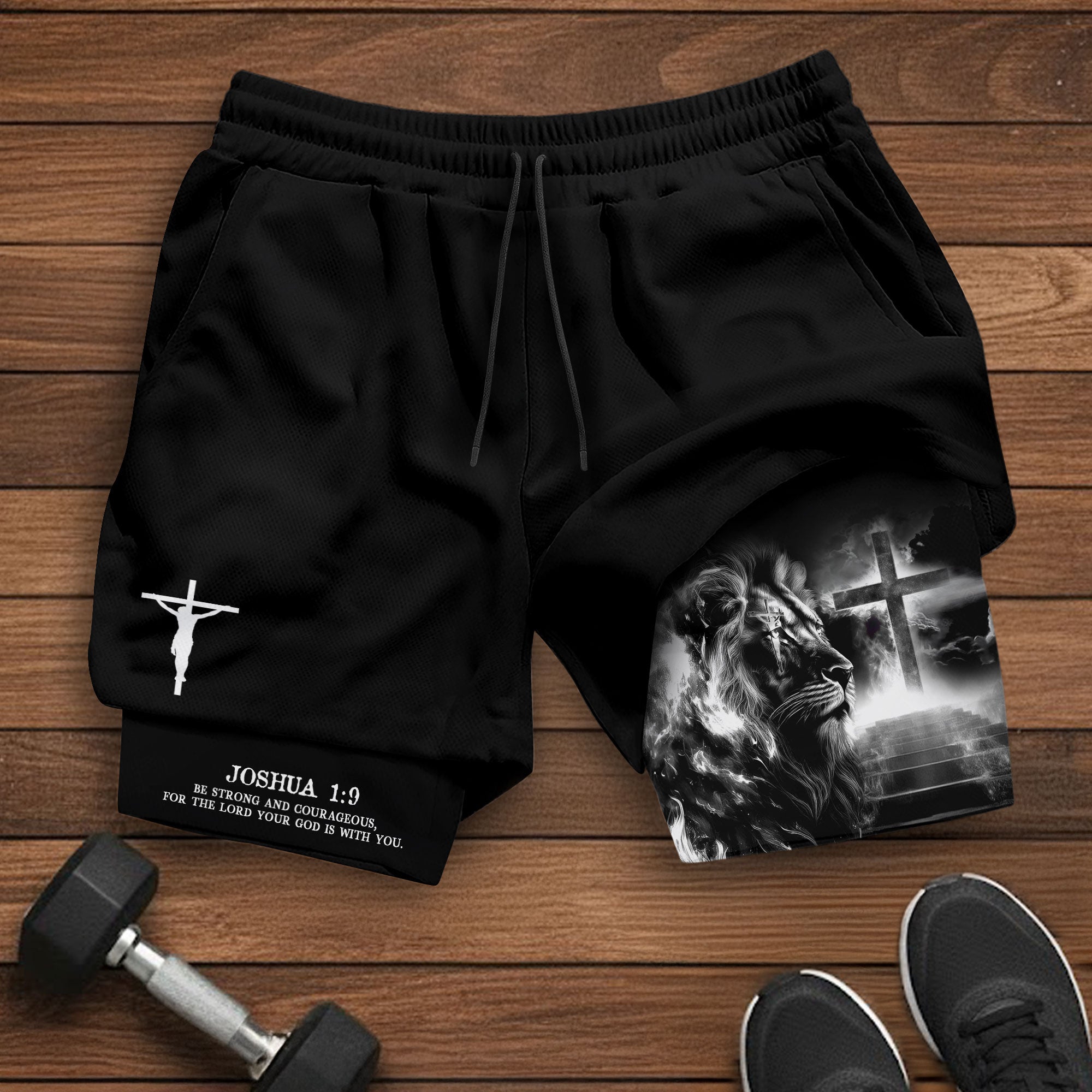 Joshua 1 9 Christian Gym Shorts for Men Lion Cross Crucifix Design