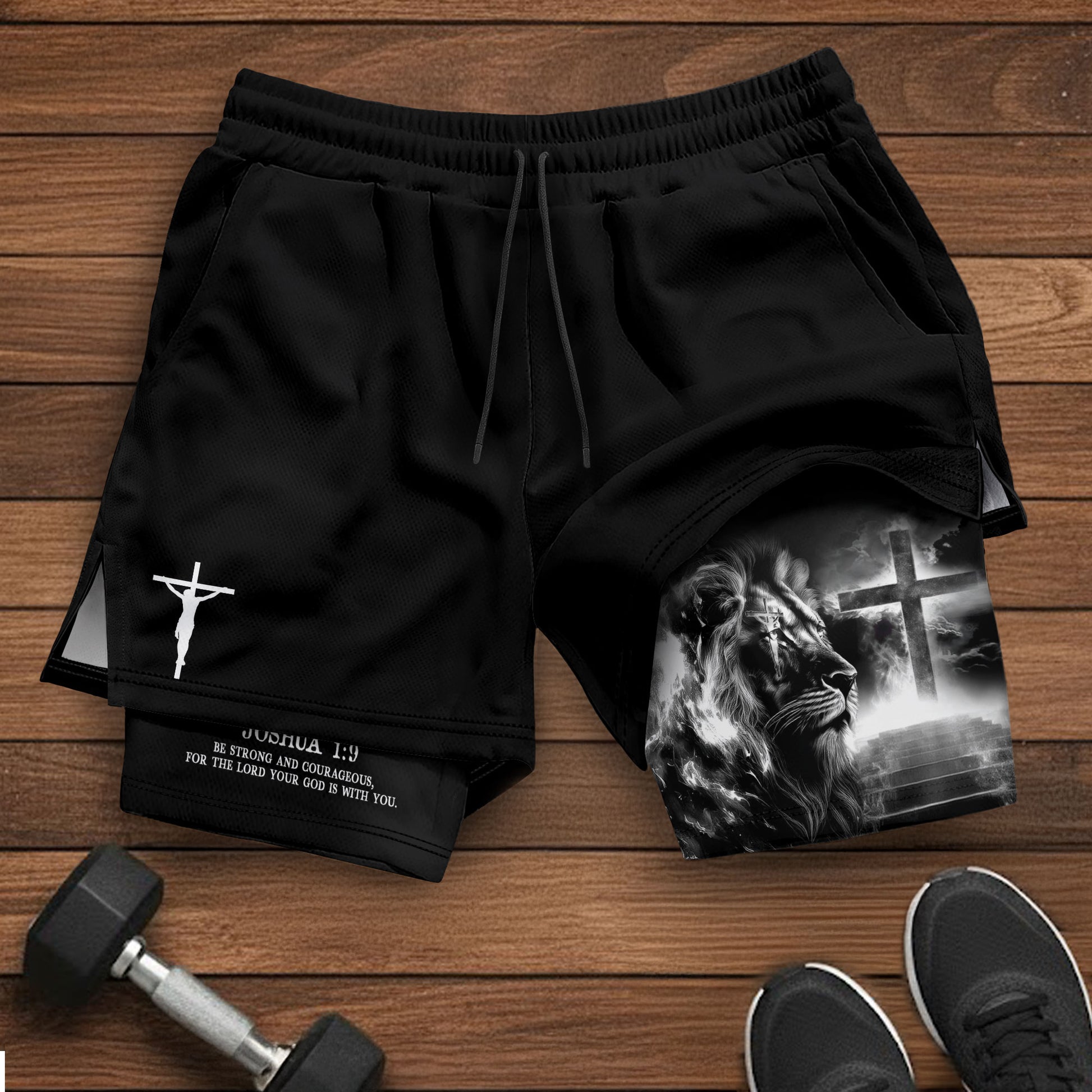 Joshua 1:9 Christian Gym Shorts for Men Lion Cross Crucifix Design - Rust Field Wear
