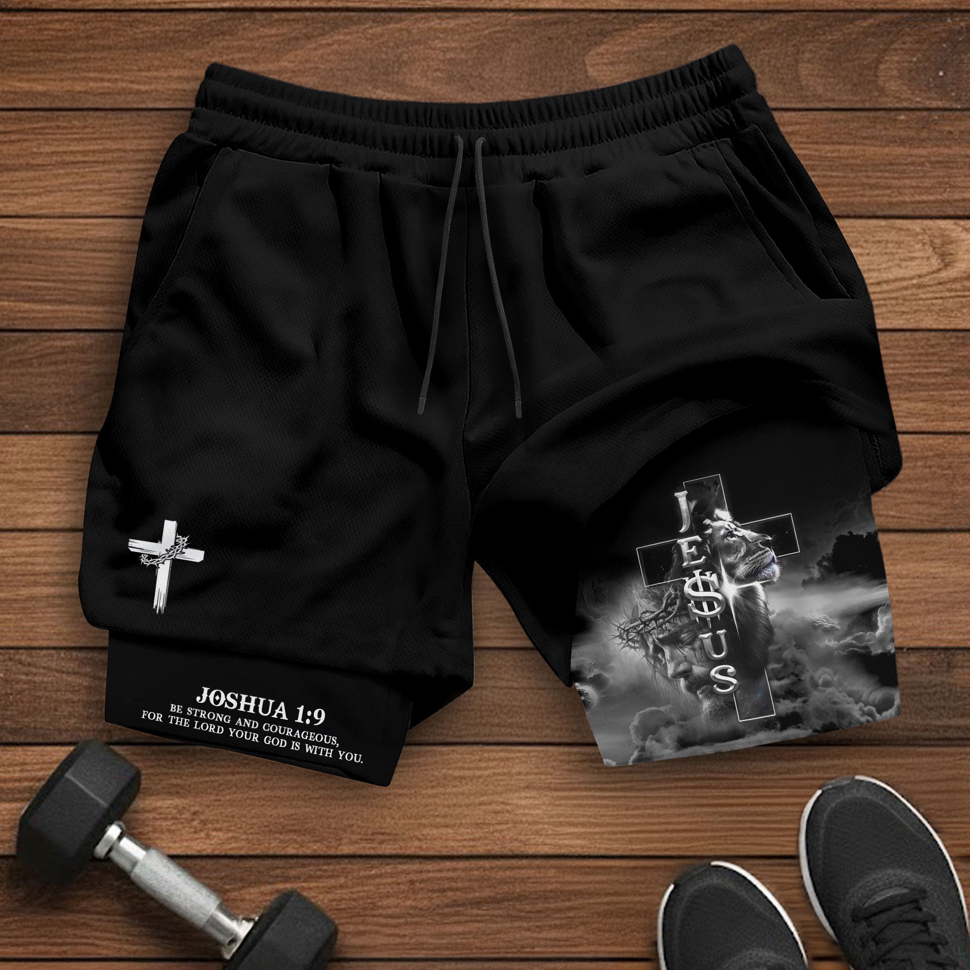 Joshua 1 9 Christian Gym Shorts for Men Jesus Lion Cross Design