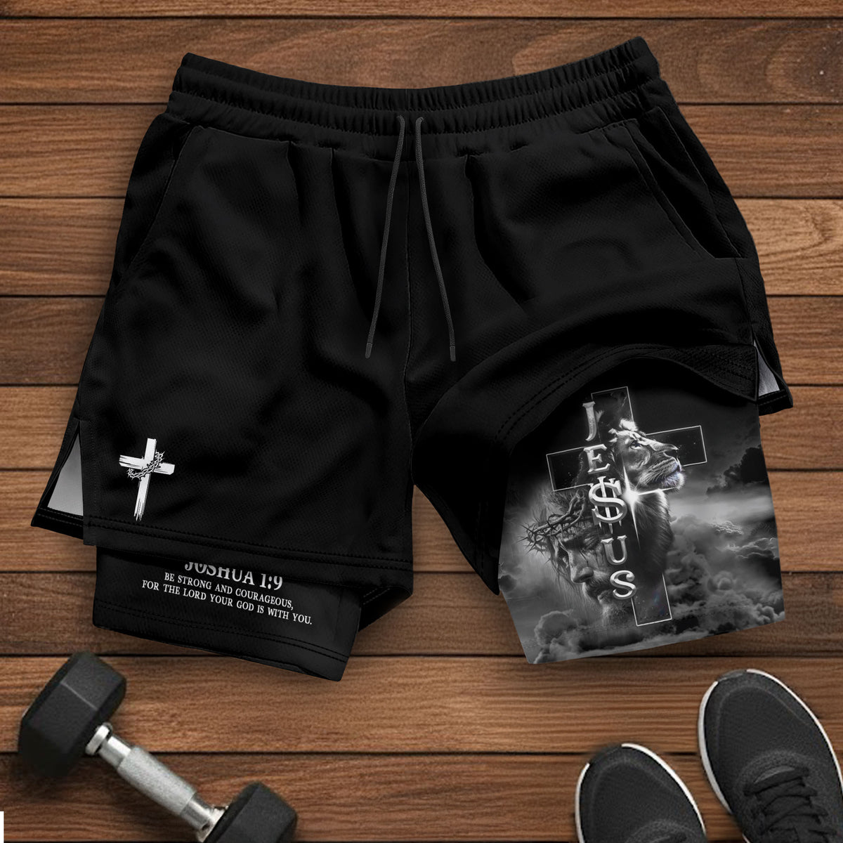 Joshua 1:9 Christian Gym Shorts for Men Jesus Lion Cross Design - Rust Field Wear