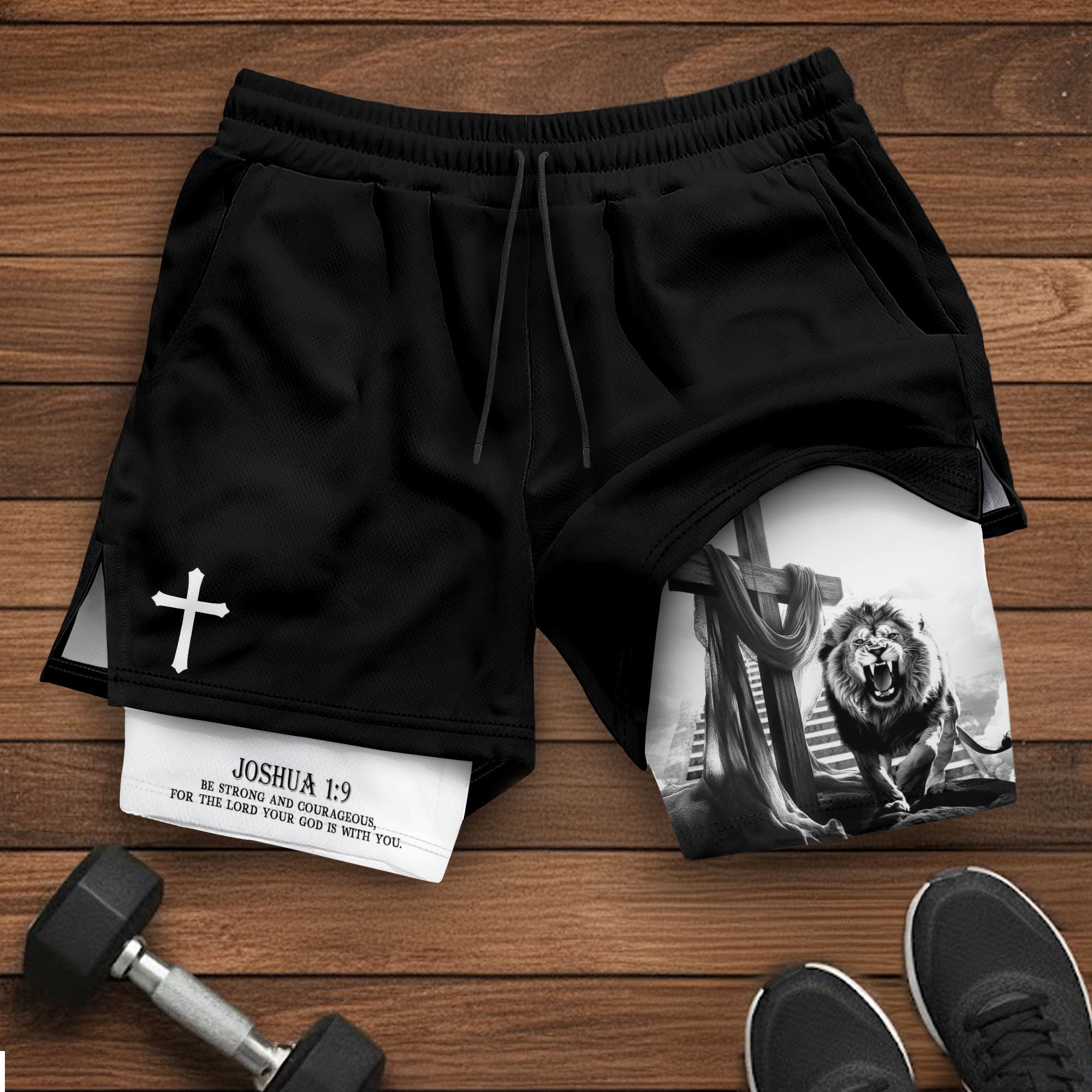Joshua 1:9 Christian Gym Shorts for Men Lion Cross Courage Design - Rust Field Wear