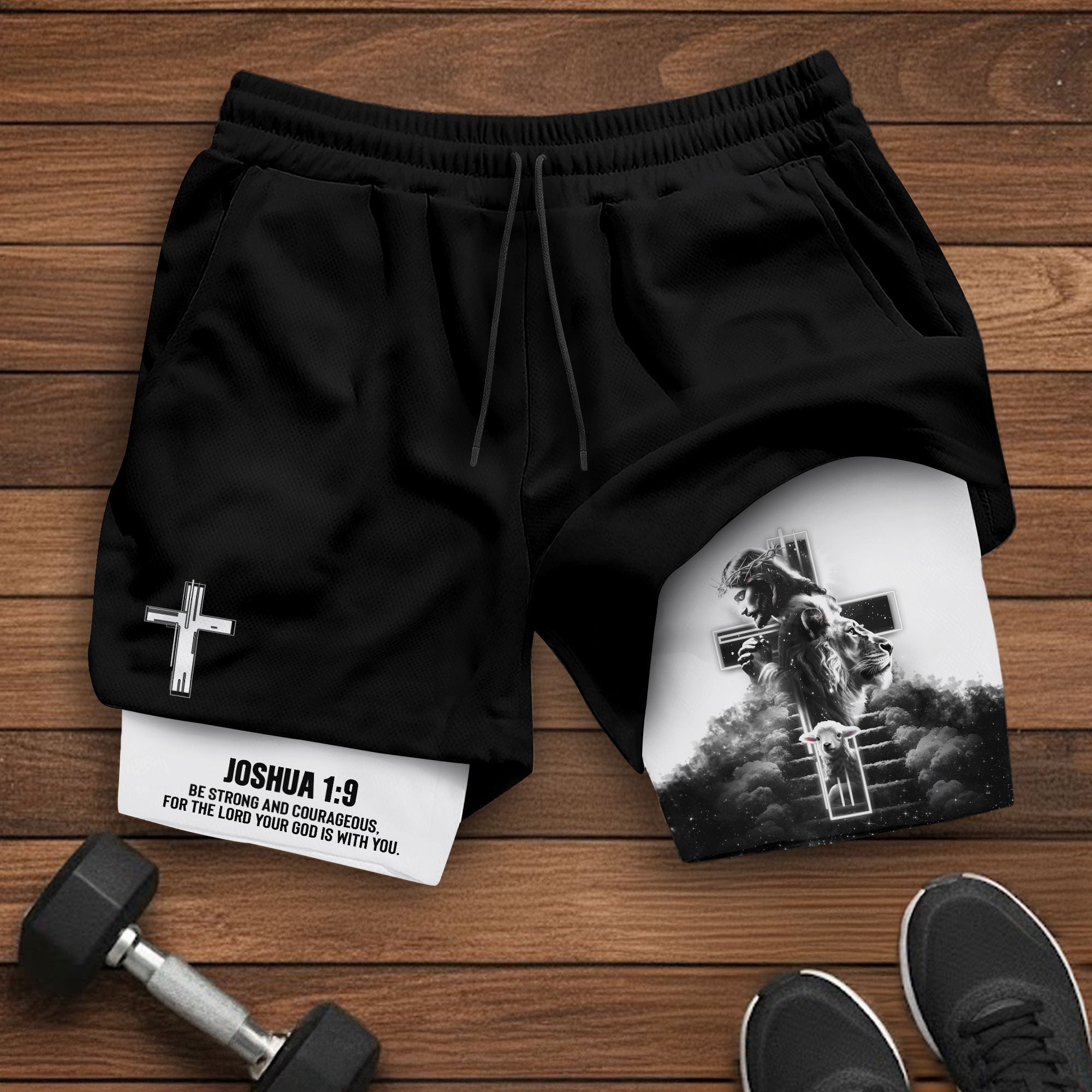 Joshua 1 9 Christian Gym Shorts for Men Jesus Cross Faith Design