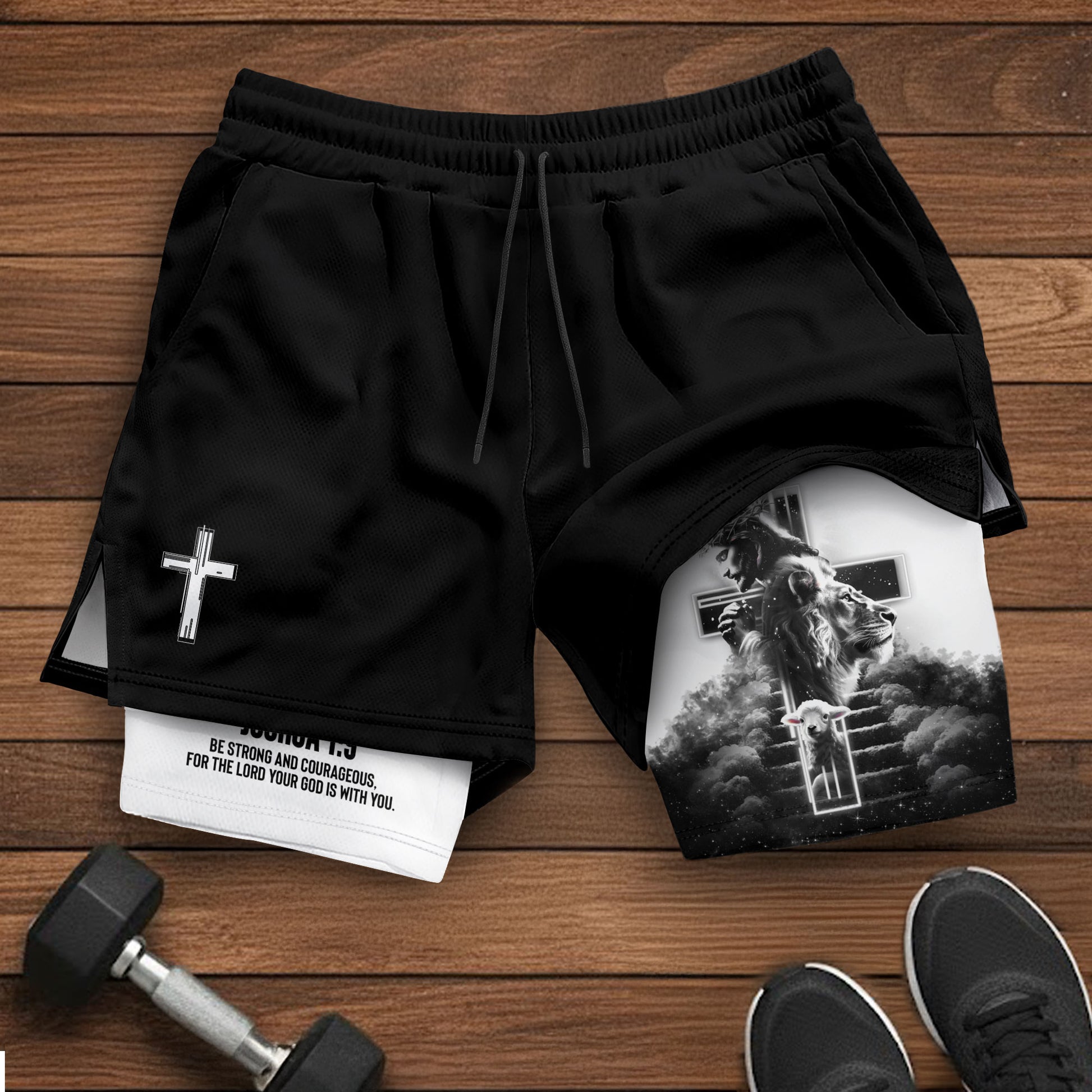 Joshua 1:9 Christian Gym Shorts for Men Jesus Cross Faith Design - Rust Field Wear