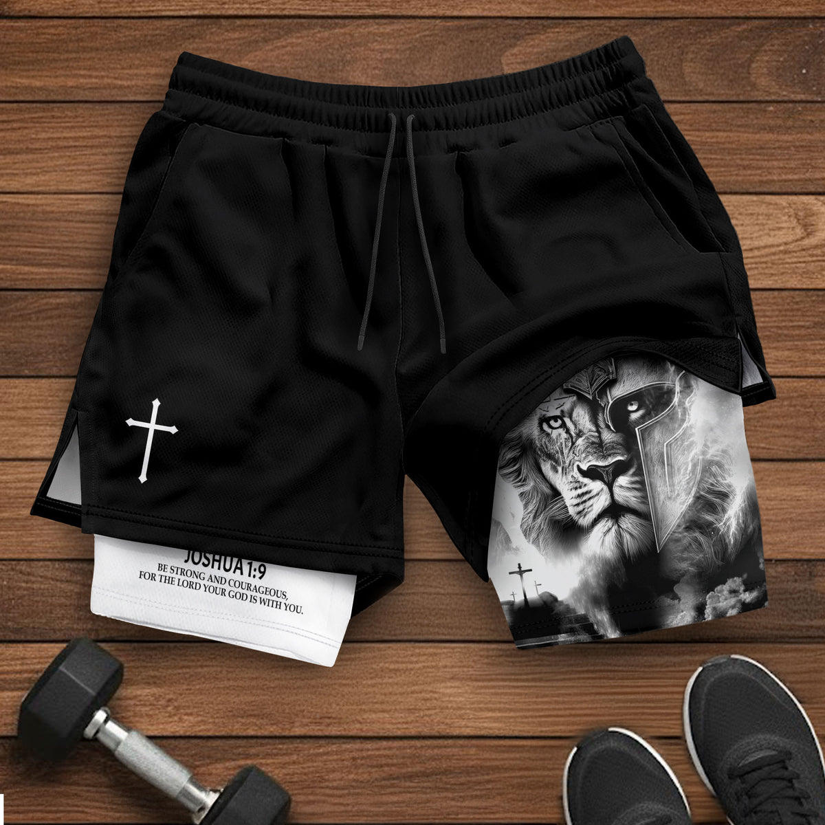 Joshua 1:9 Christian Gym Shorts for Men Lion Warrior Cross Design - Rust Field Wear
