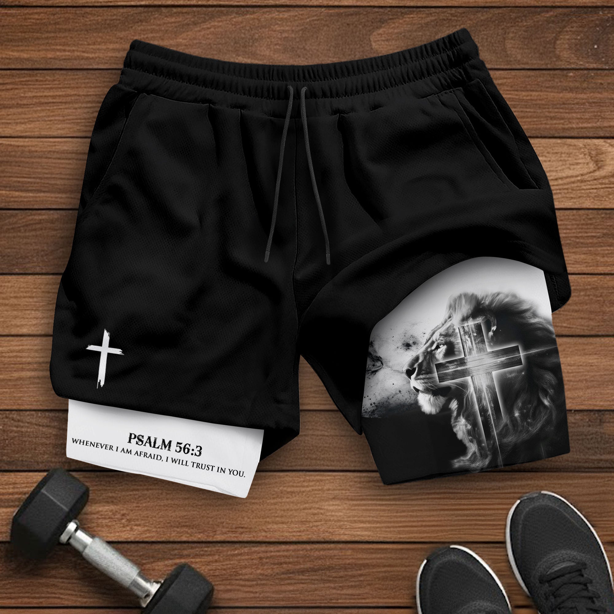 Psalm 56 3 Christian Gym Shorts for Men Lion Cross Faith Design