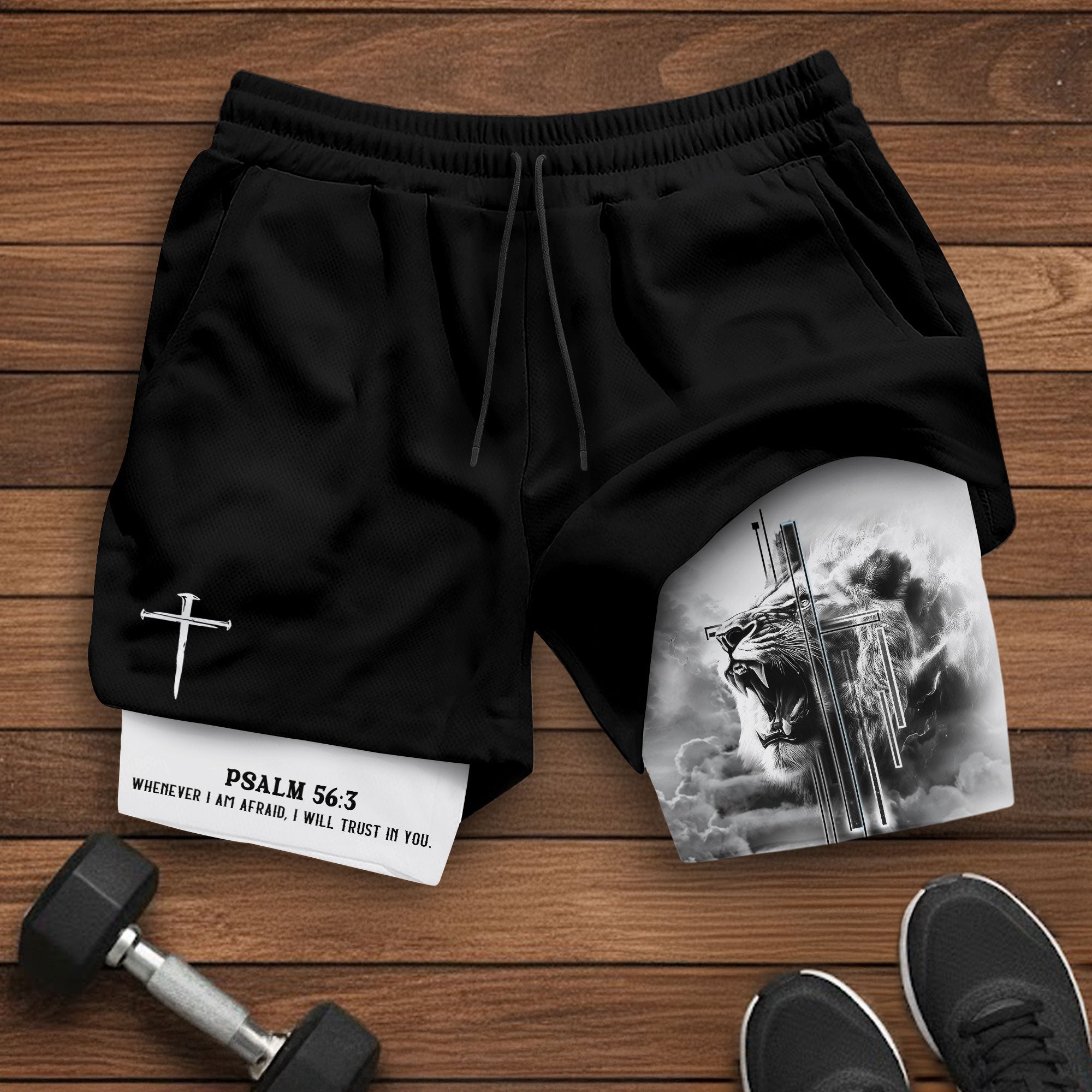 Psalm 56 3 Christian Gym Shorts for Men Fearless Lion Cross Design