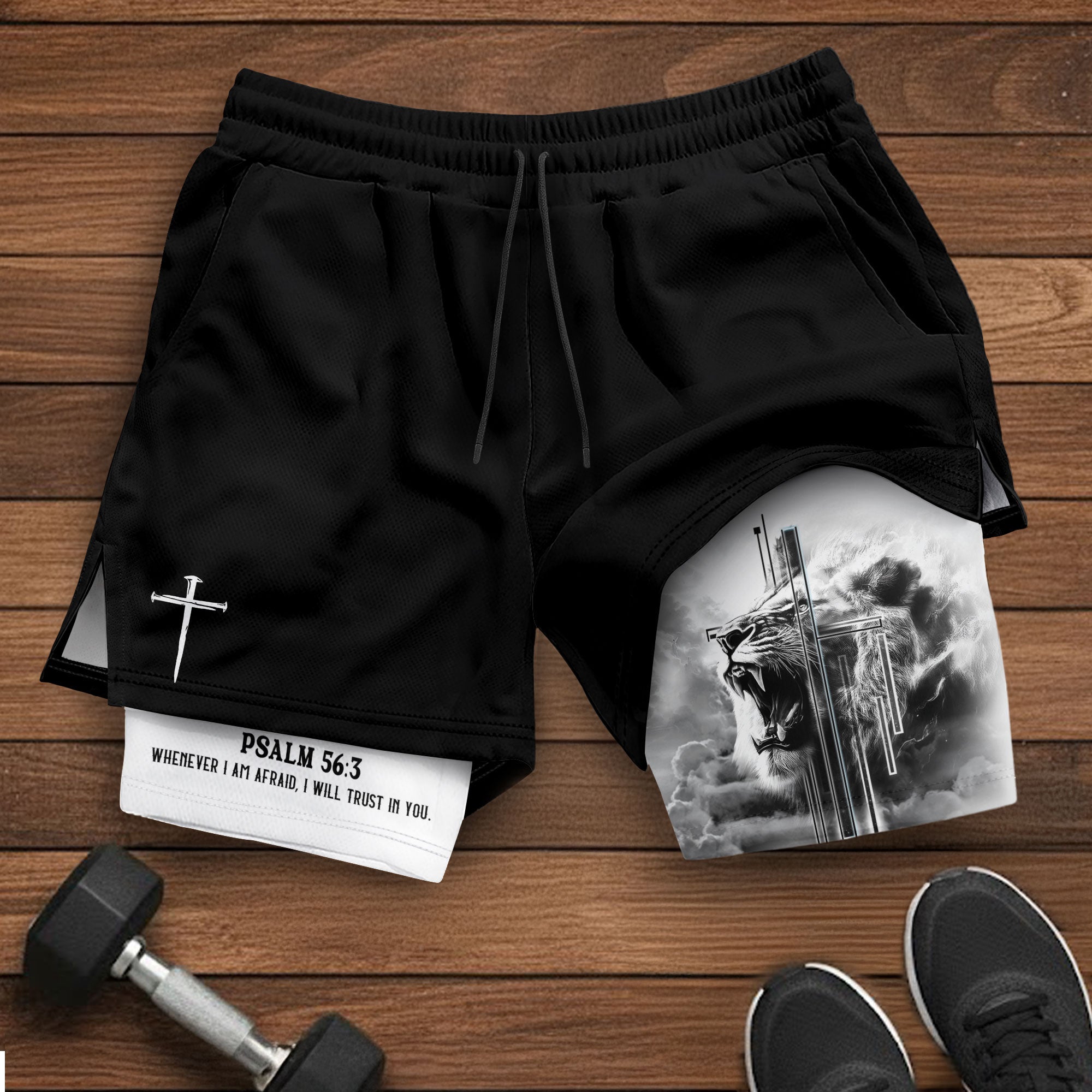 Psalm 56:3 Christian Gym Shorts for Men Fearless Lion Cross Design - Rust Field Wear