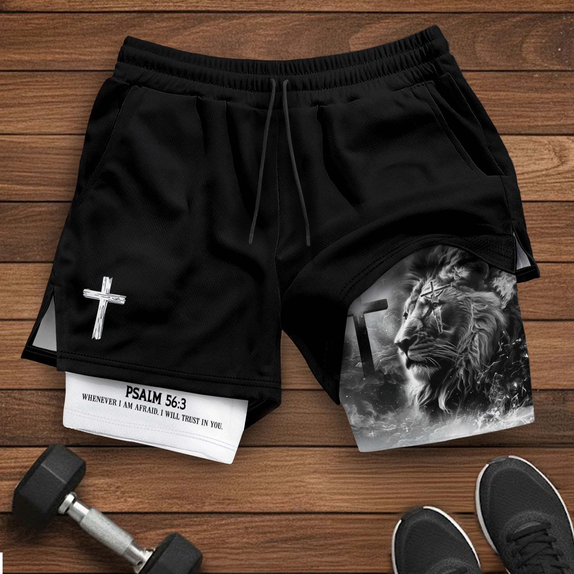 Psalm 56:3 Christian Gym Shorts for Men Lion of Judah Cross Design - Rust Field Wear