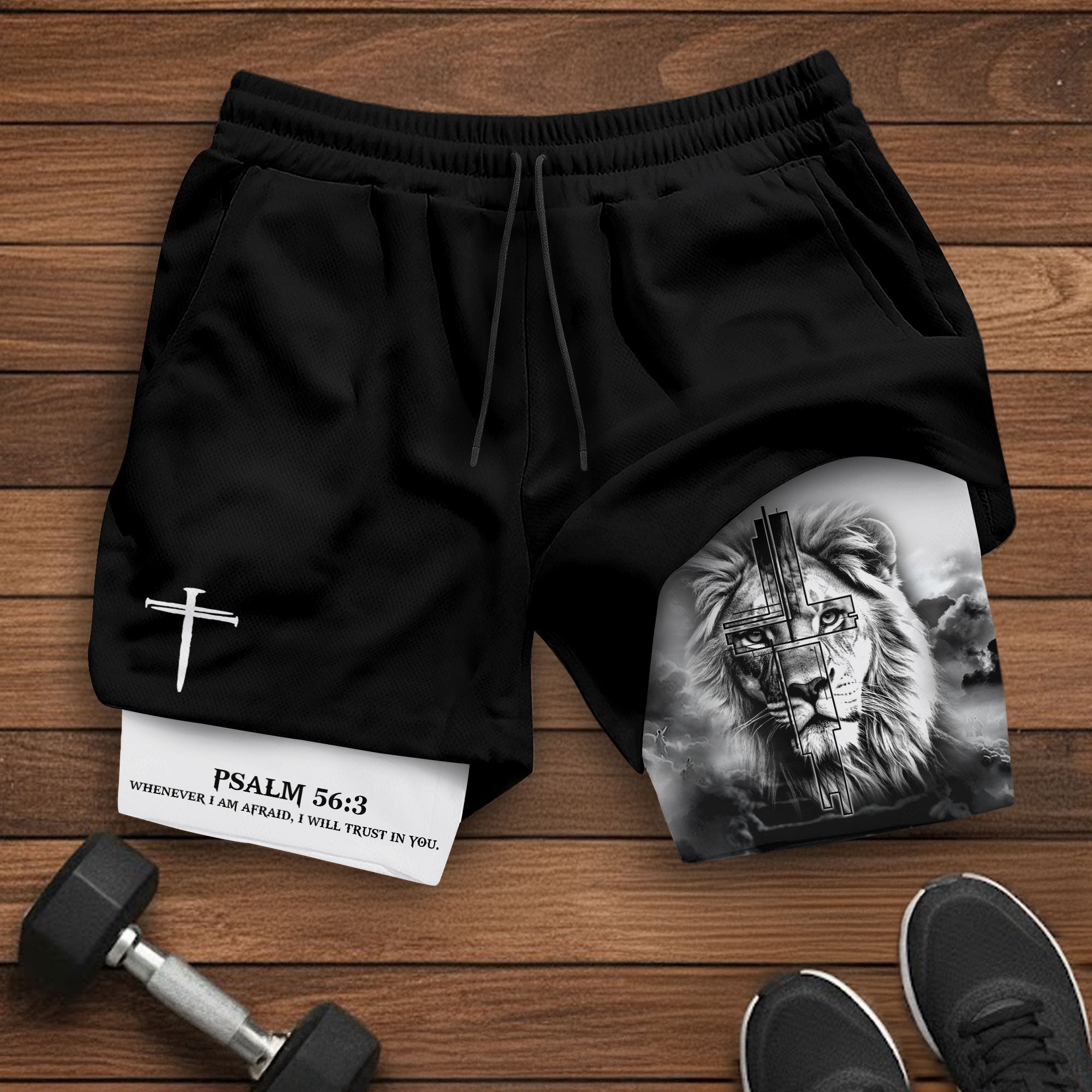 Psalm 56 3 Christian Gym Shorts for Men Trust in God Lion Cross Design