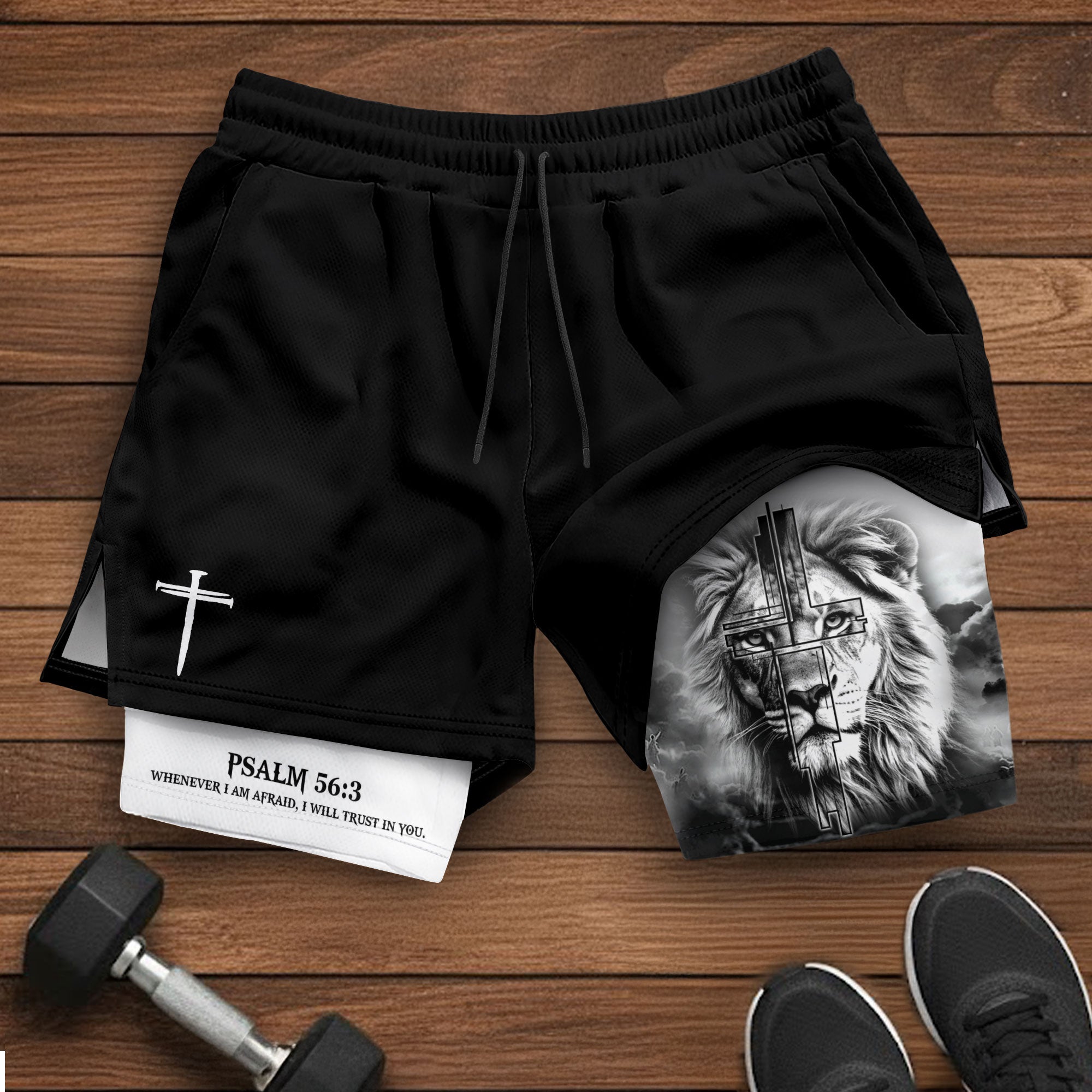Psalm 56:3 Christian Gym Shorts for Men Trust in God Lion Cross Design - Rust Field Wear