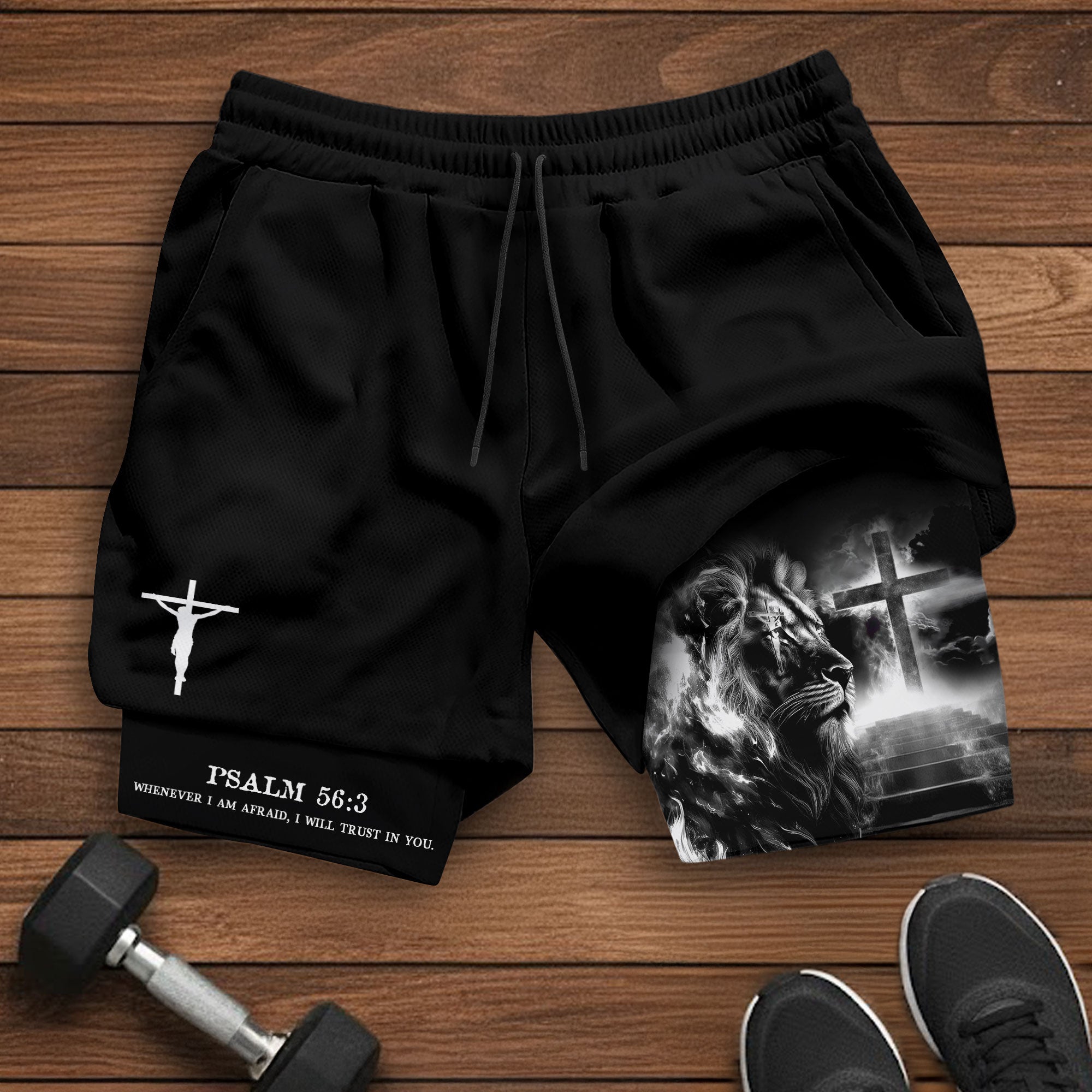 Psalm 56 3 Christian Gym Shorts for Men Lion Cross Path Design