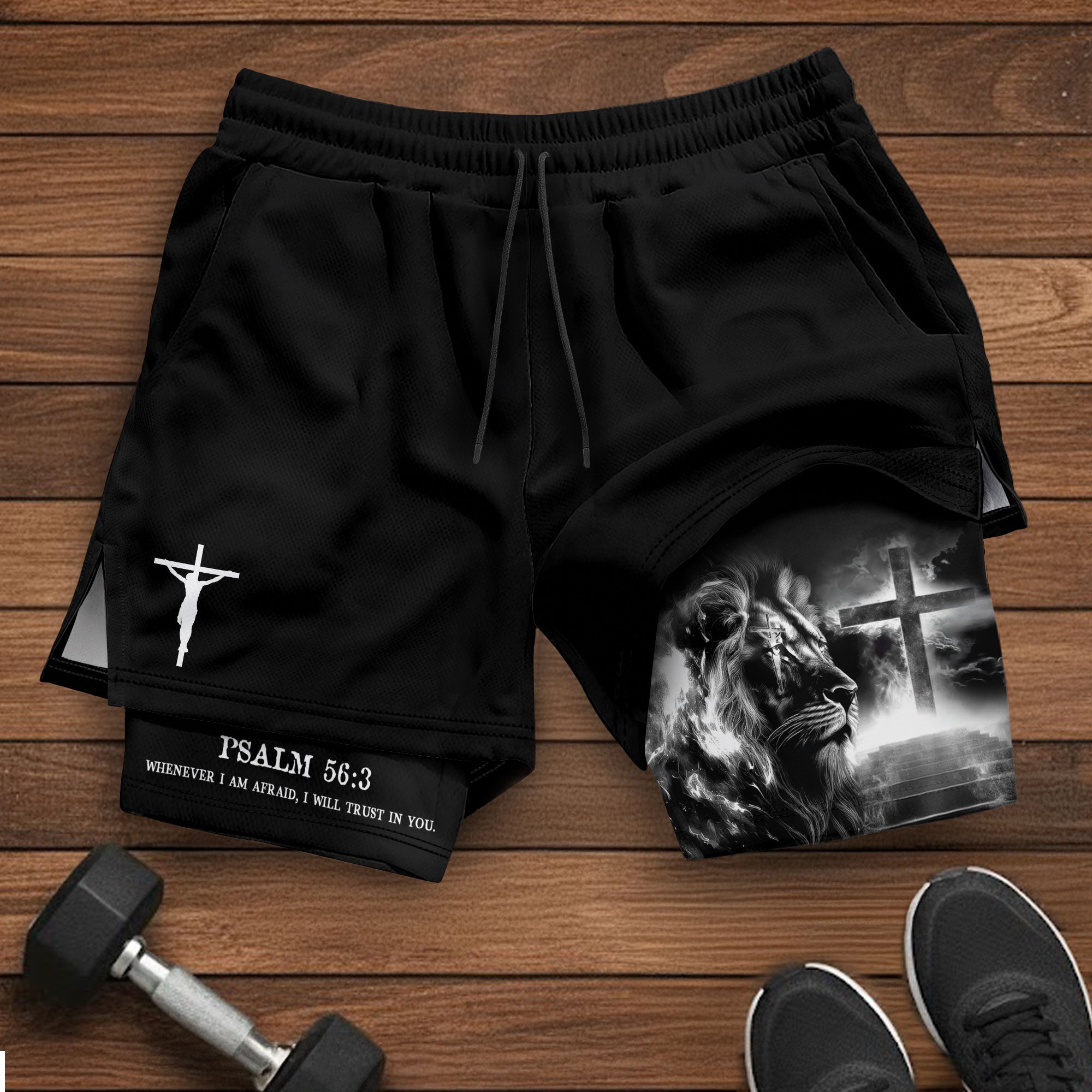 Psalm 56:3 Christian Gym Shorts for Men Lion Cross Path Design - Rust Field Wear