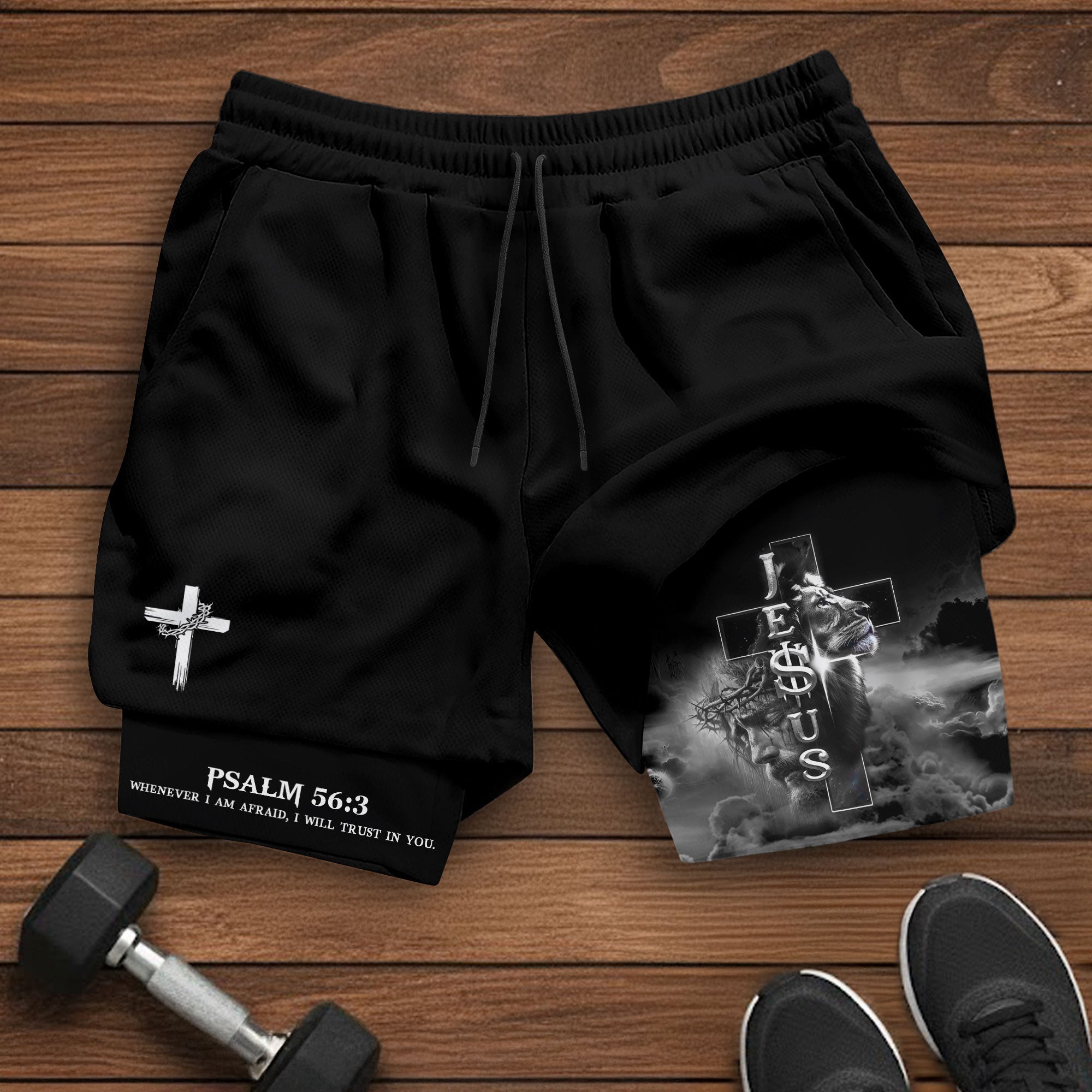 Psalm 56 3 Christian Gym Shorts for Men Jesus Cross Lion Design