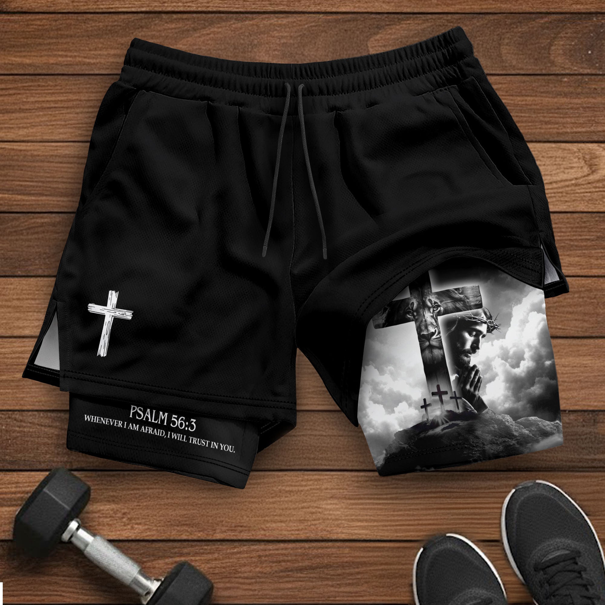 Psalm 56:3 Christian Gym Shorts for Men Jesus Cross Prayer Design - Rust Field Wear
