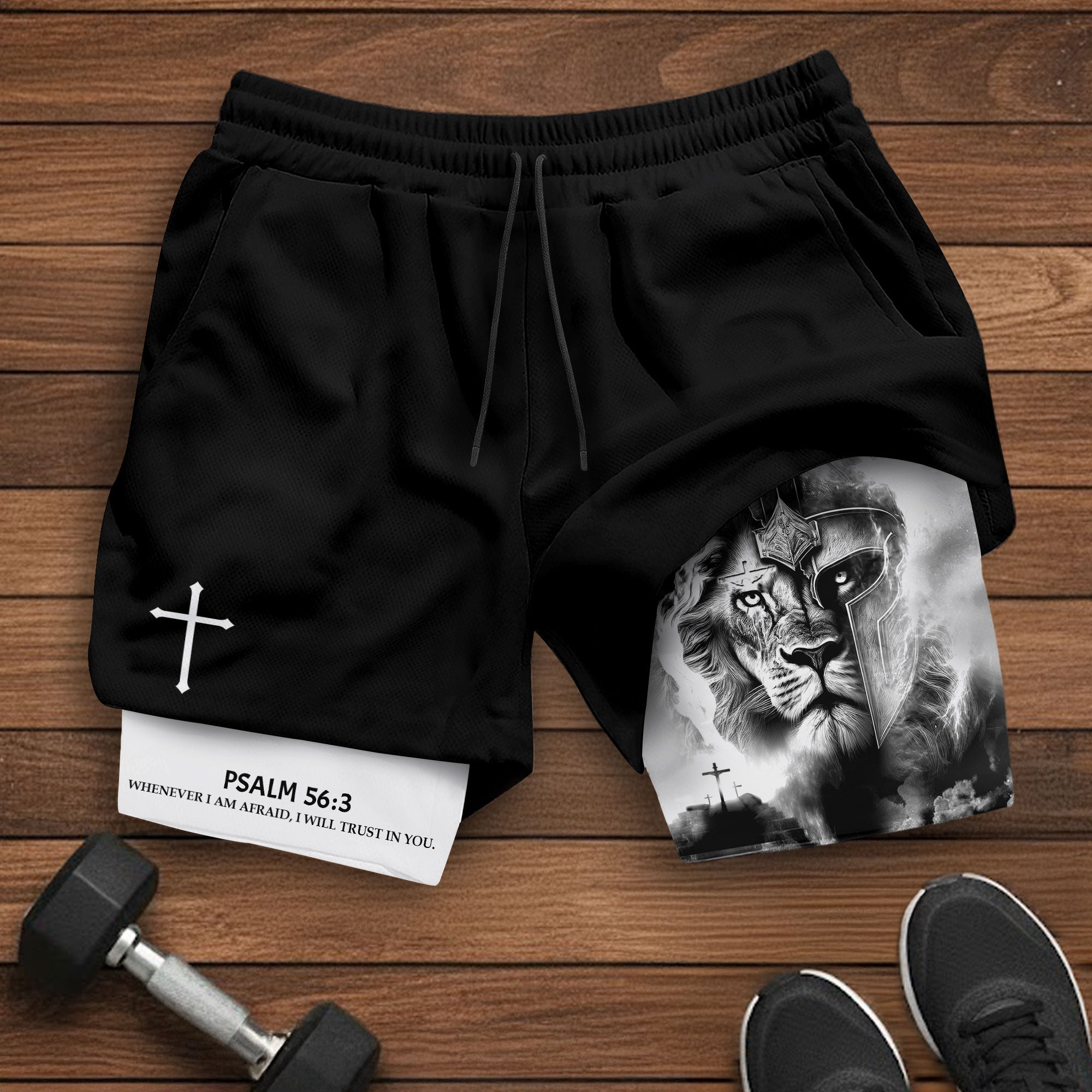 Psalm 56 3 Christian Gym Shorts for Men Lion Armor Cross Design