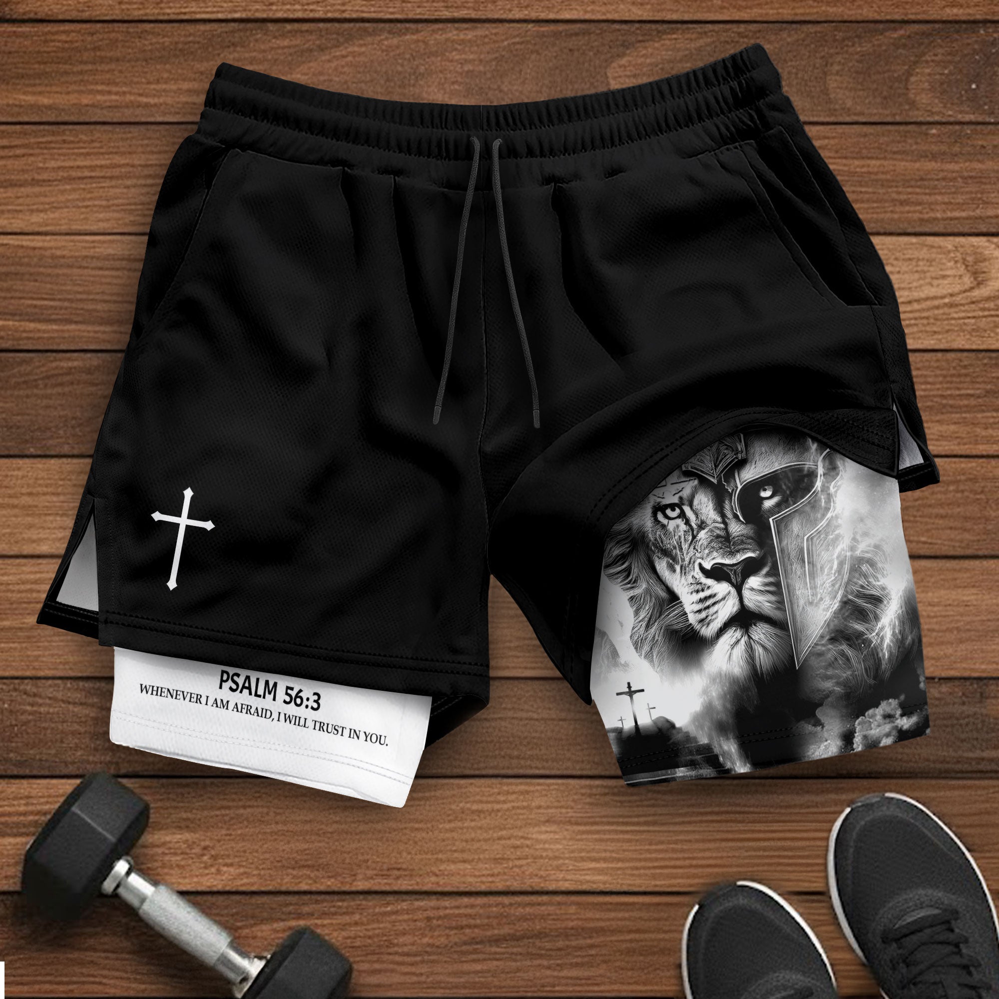 Psalm 56:3 Christian Gym Shorts for Men Lion Armor Cross Design - Rust Field Wear
