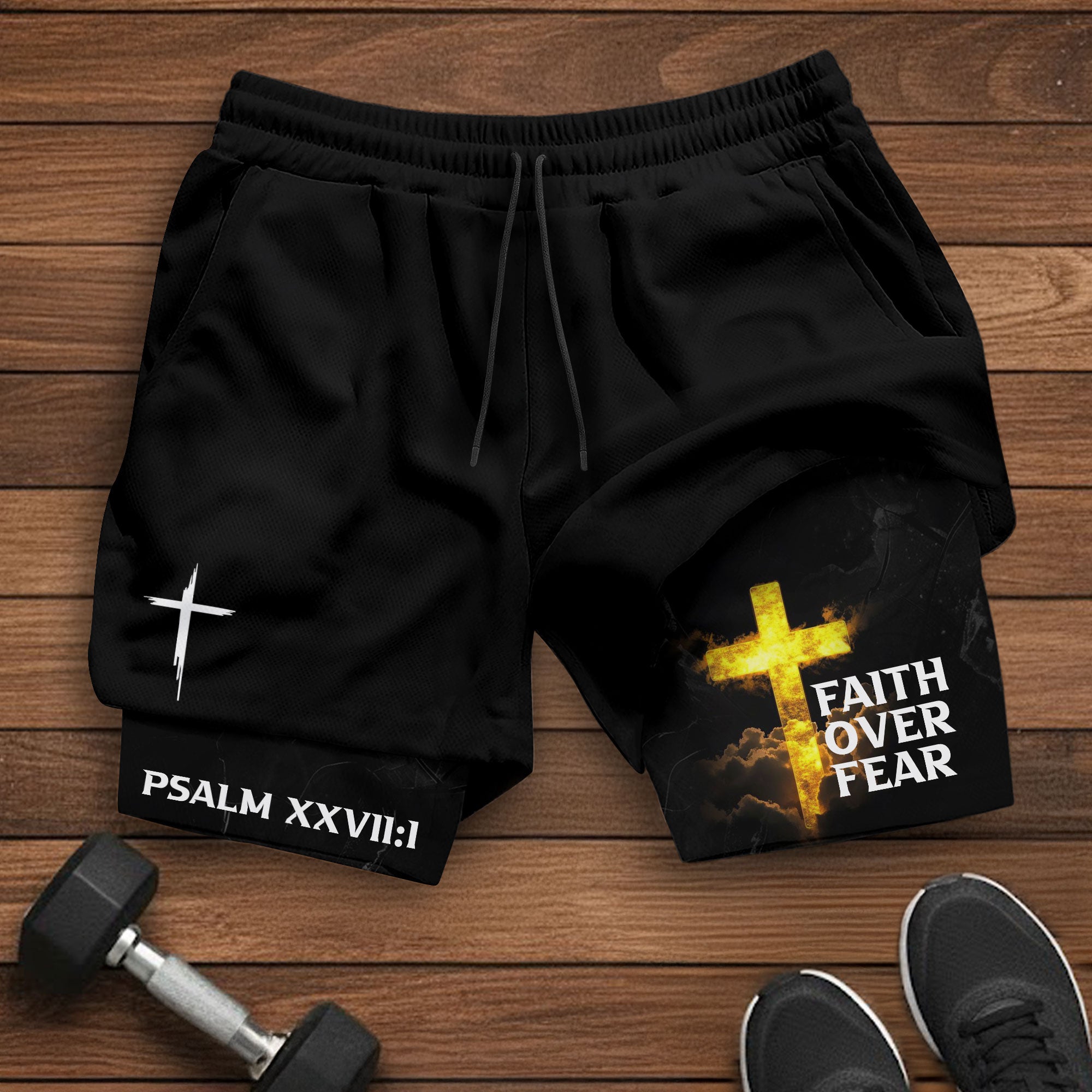 Psalm 27:1 Faith Over Fear Christian Mens Gym Shorts Bible Verse Glowing Gold Design